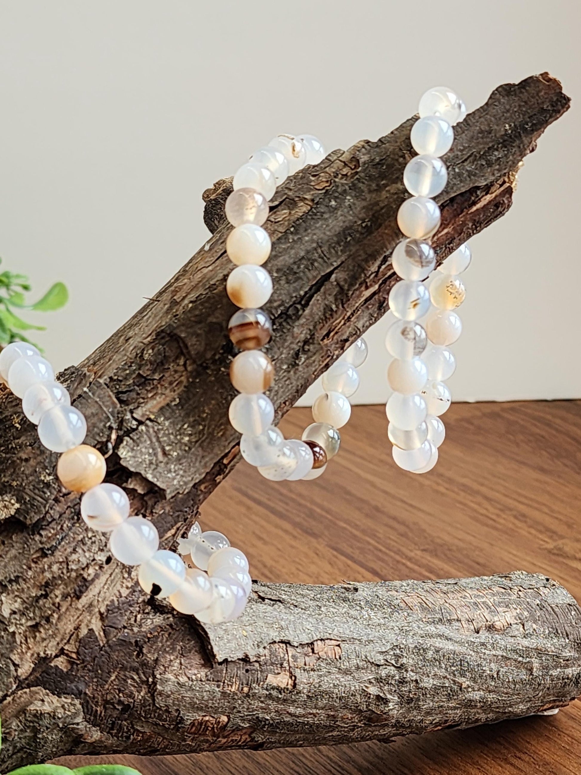 Montana Agate Bracelet: 8MM Cowboy Agate | Natural Crystal Beads | Cloudy White Gemstones with Subtle Brown Sardonyx Banding and Inclusions