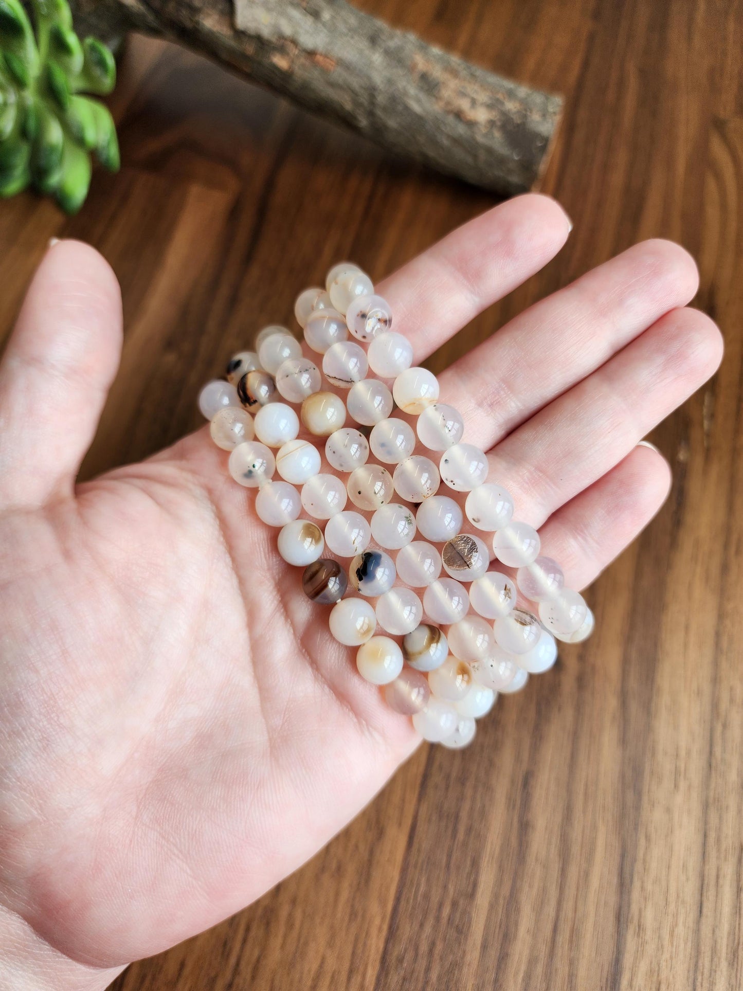 Montana Agate Bracelet: 8MM Cowboy Agate | Natural Crystal Beads | Cloudy White Gemstones with Subtle Brown Sardonyx Banding and Inclusions