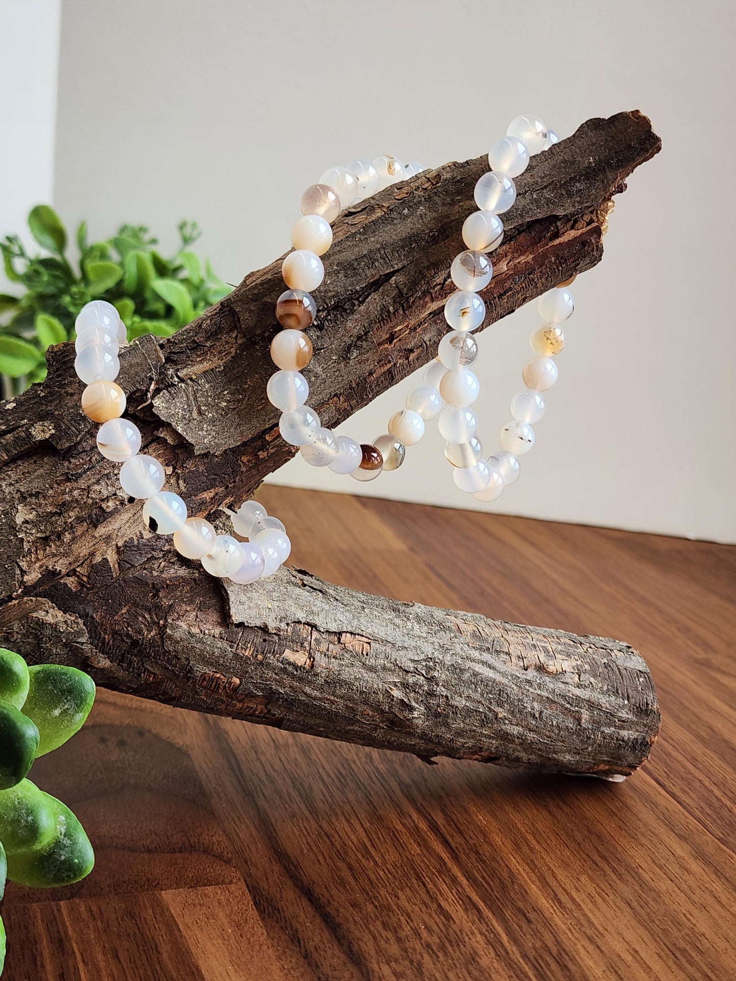 Montana Agate Bracelet: 8MM Cowboy Agate | Natural Crystal Beads | Cloudy White Gemstones with Subtle Brown Sardonyx Banding and Inclusions