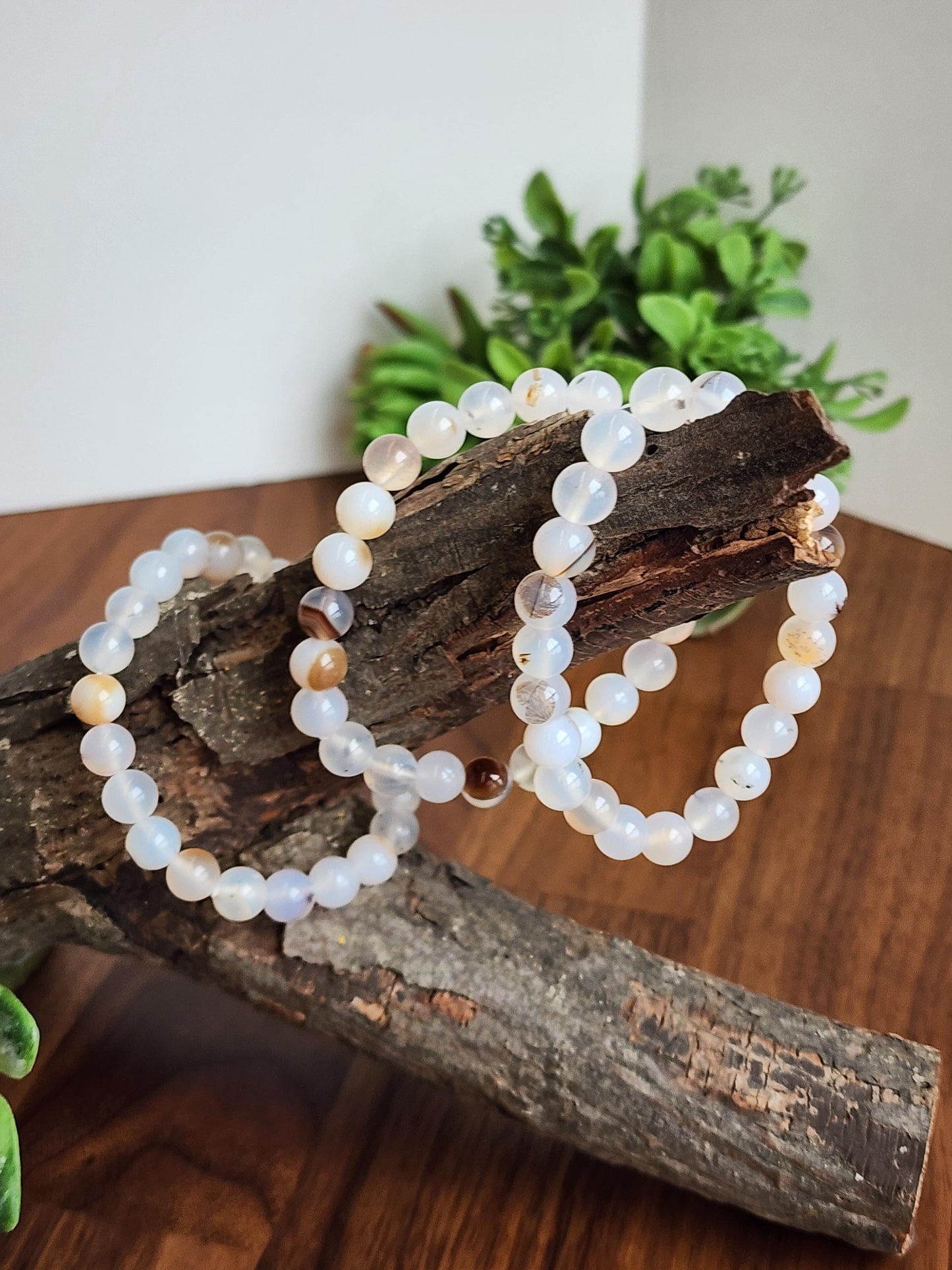 Montana Agate Bracelet: 8MM Cowboy Agate | Natural Crystal Beads | Cloudy White Gemstones with Subtle Brown Sardonyx Banding and Inclusions