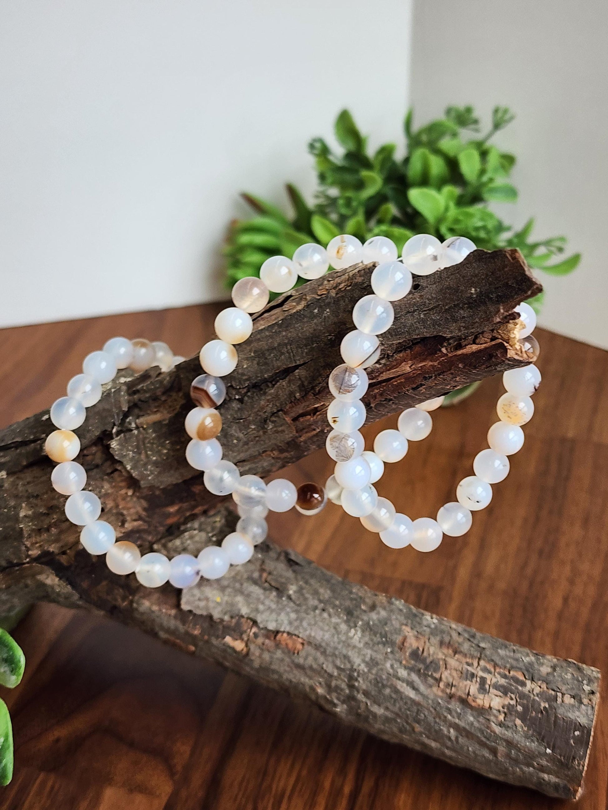 Montana Agate Bracelet: 8MM Cowboy Agate | Natural Crystal Beads | Cloudy White Gemstones with Subtle Brown Sardonyx Banding and Inclusions