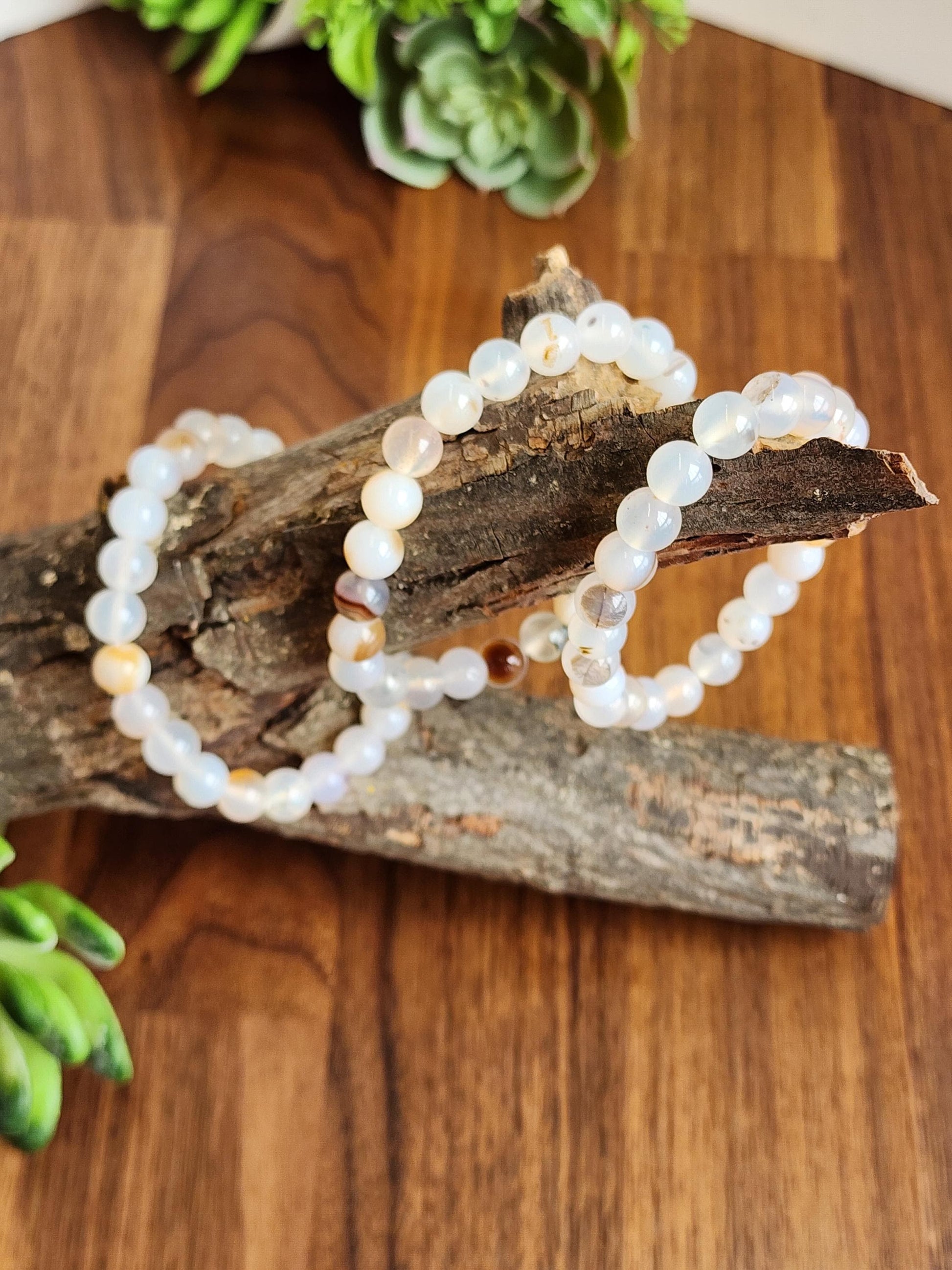 Montana Agate Bracelet: 8MM Cowboy Agate | Natural Crystal Beads | Cloudy White Gemstones with Subtle Brown Sardonyx Banding and Inclusions