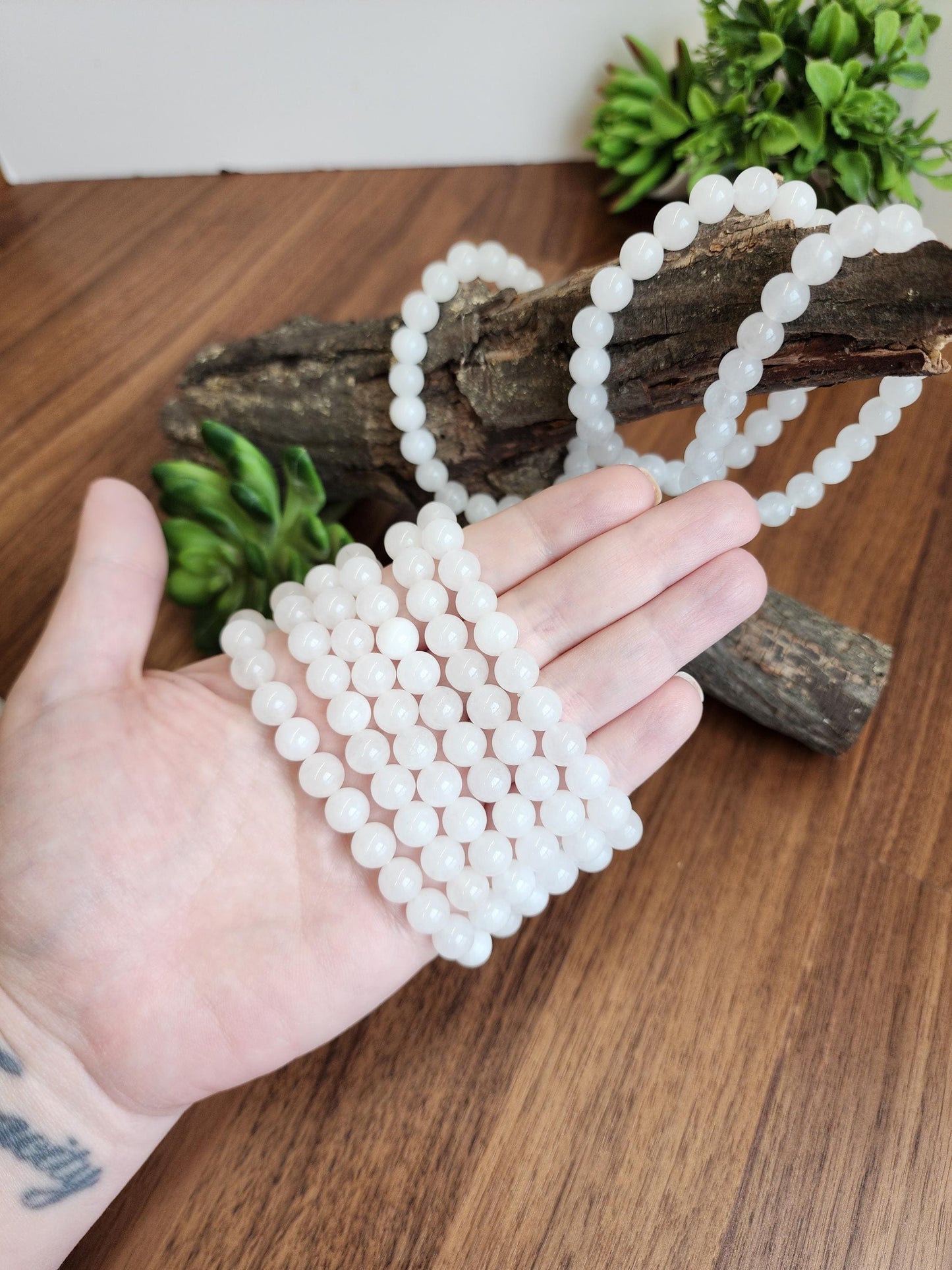 Snow White Agate Bracelet: 8MM Natural Milky Clear Quartz Beads | Cloudy White Gemstones