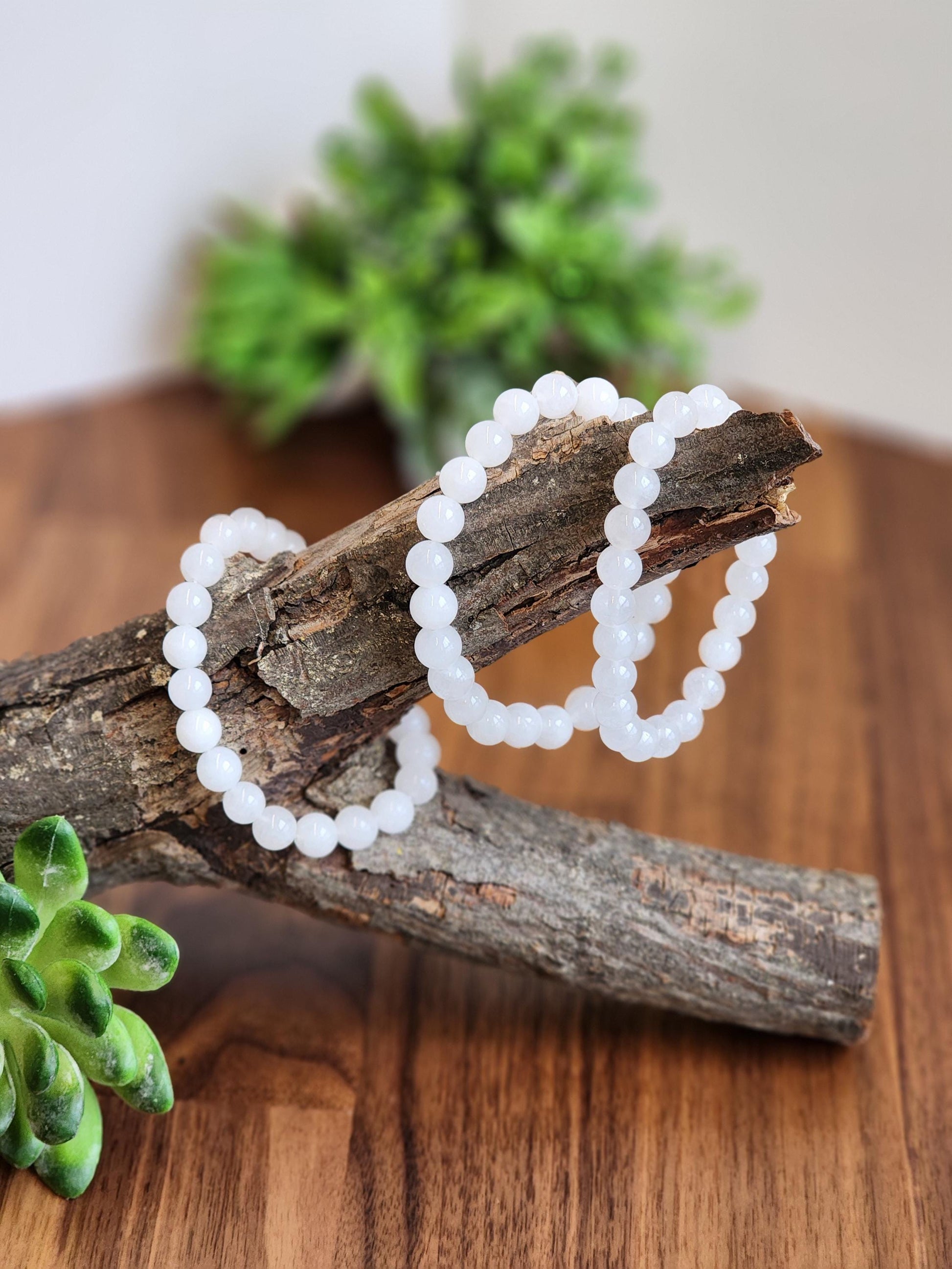 Snow White Agate Bracelet: 8MM Natural Milky Clear Quartz Beads | Cloudy White Gemstones
