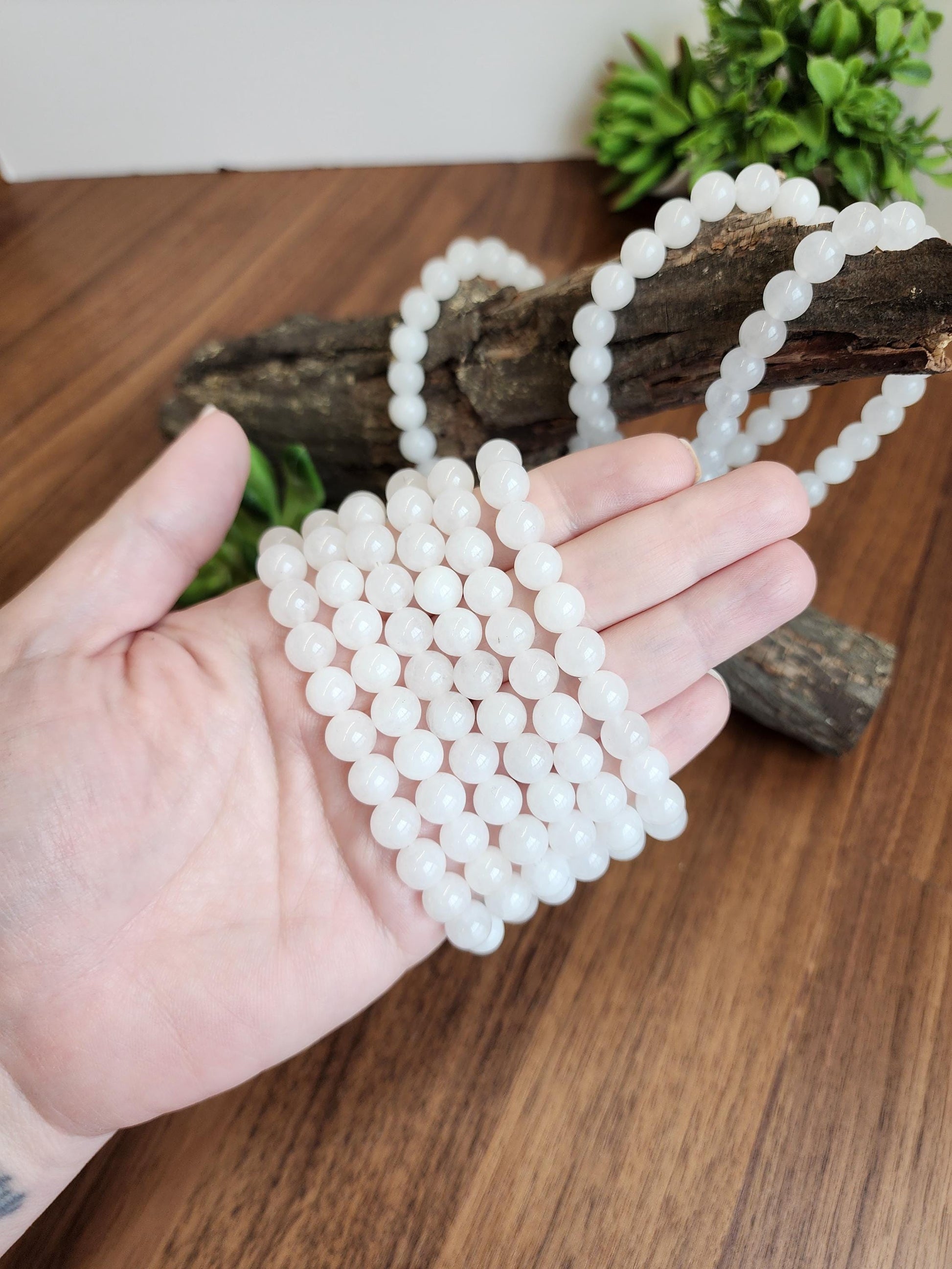 Snow White Agate Bracelet: 8MM Natural Milky Clear Quartz Beads | Cloudy White Gemstones