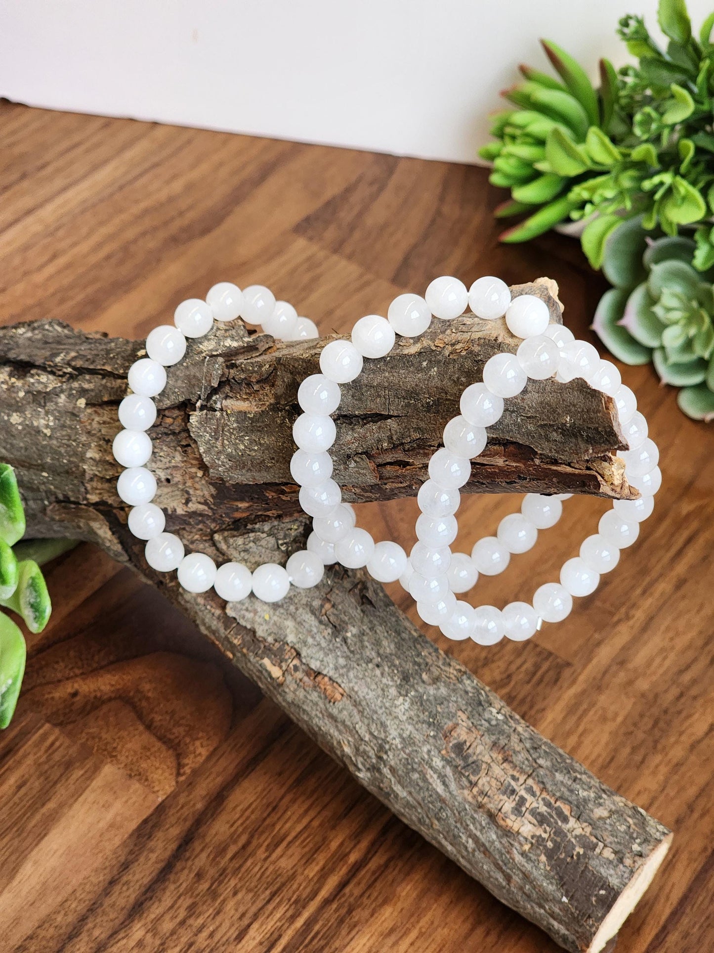 Snow White Agate Bracelet: 8MM Natural Milky Clear Quartz Beads | Cloudy White Gemstones