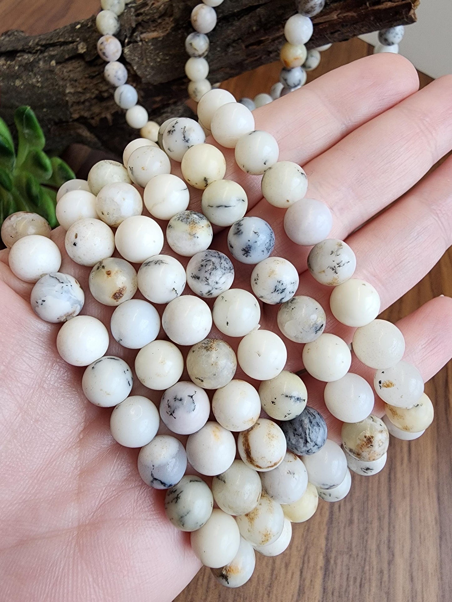 White Dendritic Opal Bracelet: 8MM Natural Crystal Tree Agate Beads | Rare Black and Gray Inclusions | Unique High Quality Gemstone Gifts