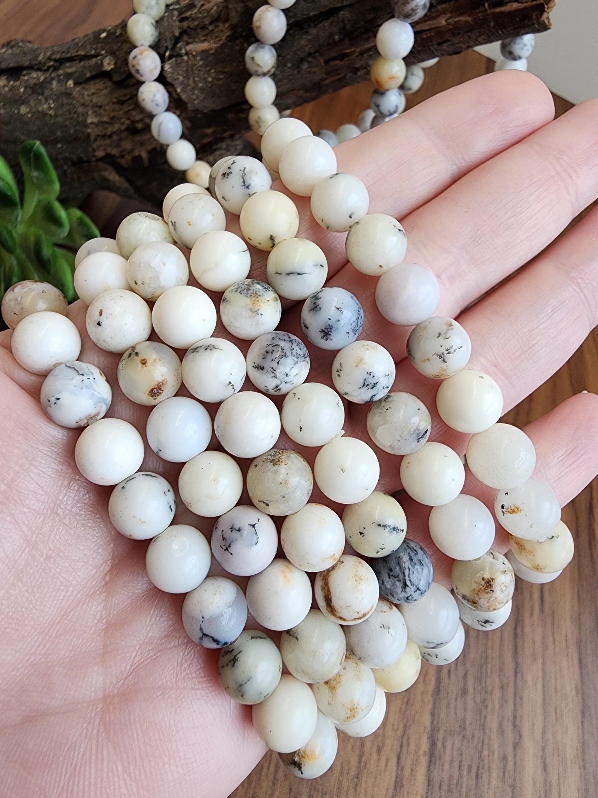 White Dendritic Opal Bracelet: 8MM Natural Crystal Tree Agate Beads | Rare Black and Gray Inclusions | Unique High Quality Gemstone Gifts