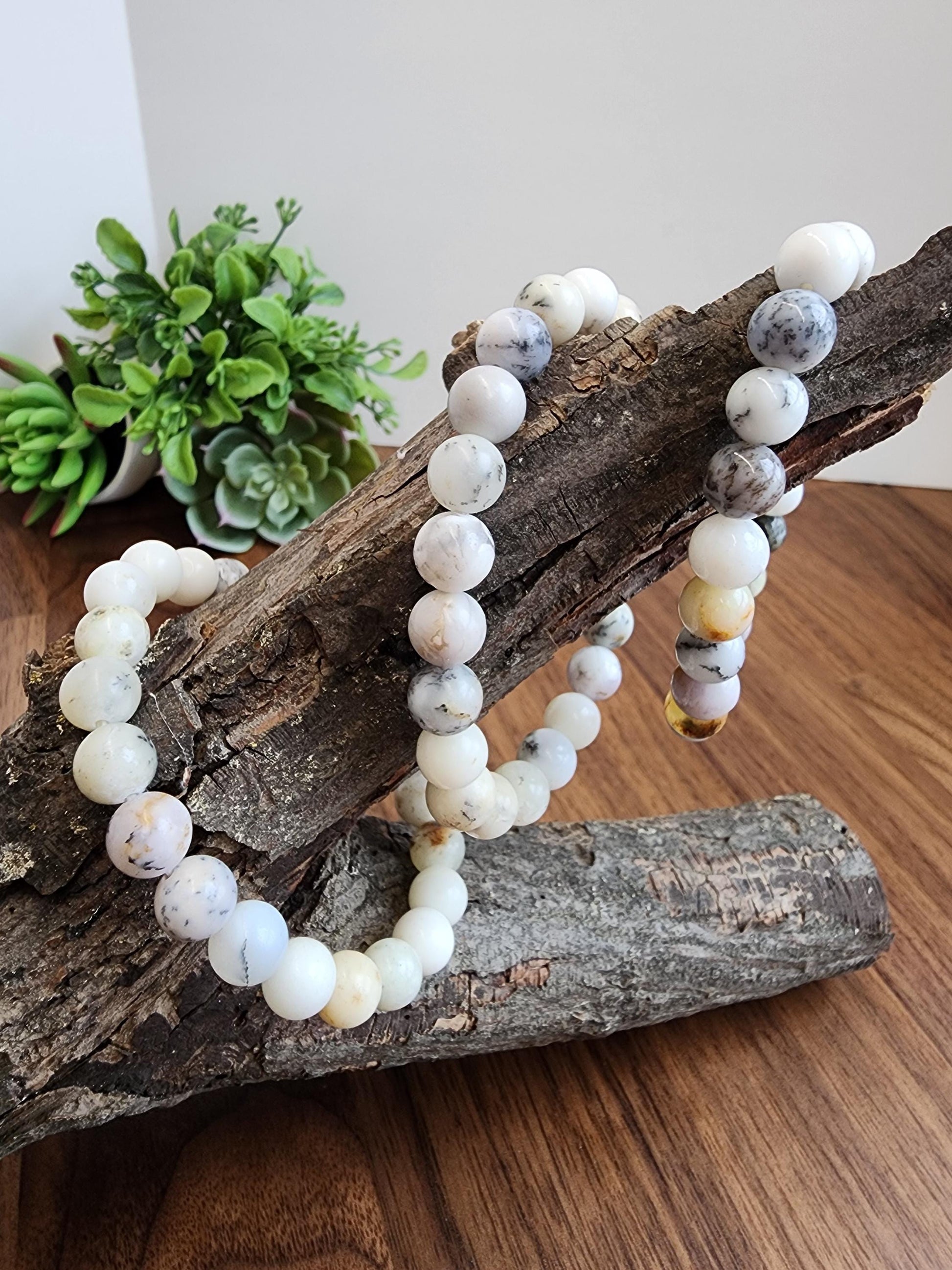 White Dendritic Opal Bracelet: 8MM Natural Crystal Tree Agate Beads | Rare Black and Gray Inclusions | Unique High Quality Gemstone Gifts