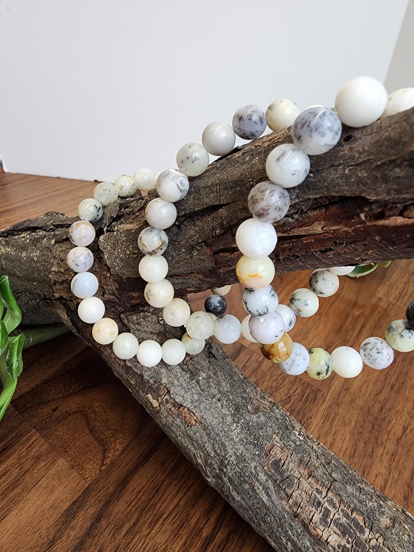 White Dendritic Opal Bracelet: 8MM Natural Crystal Tree Agate Beads | Rare Black and Gray Inclusions | Unique High Quality Gemstone Gifts