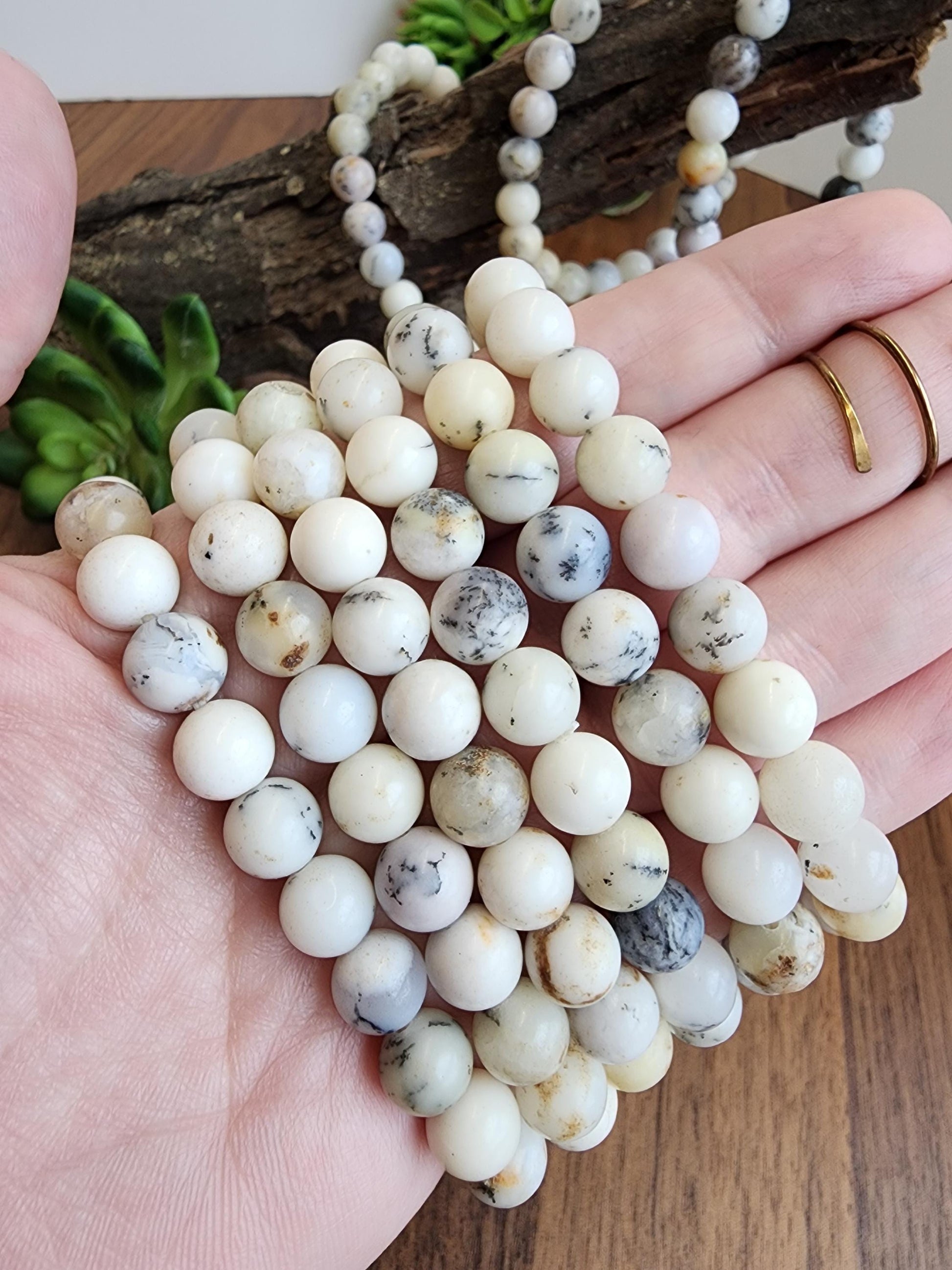White Dendritic Opal Bracelet: 8MM Natural Crystal Tree Agate Beads | Rare Black and Gray Inclusions | Unique High Quality Gemstone Gifts