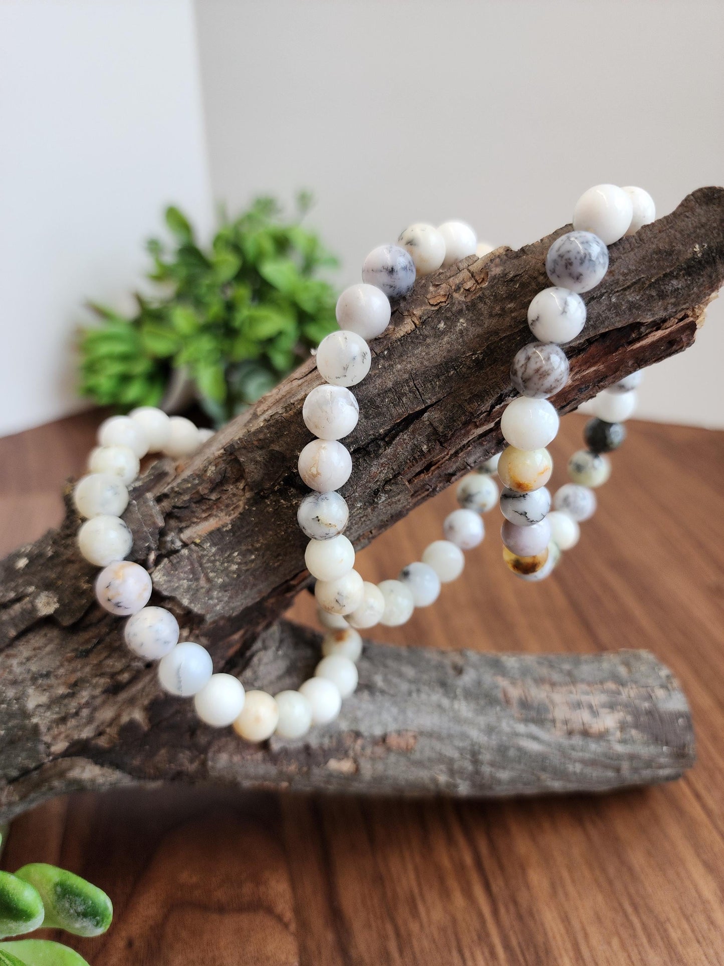 White Dendritic Opal Bracelet: 8MM Natural Crystal Tree Agate Beads | Rare Black and Gray Inclusions | Unique High Quality Gemstone Gifts