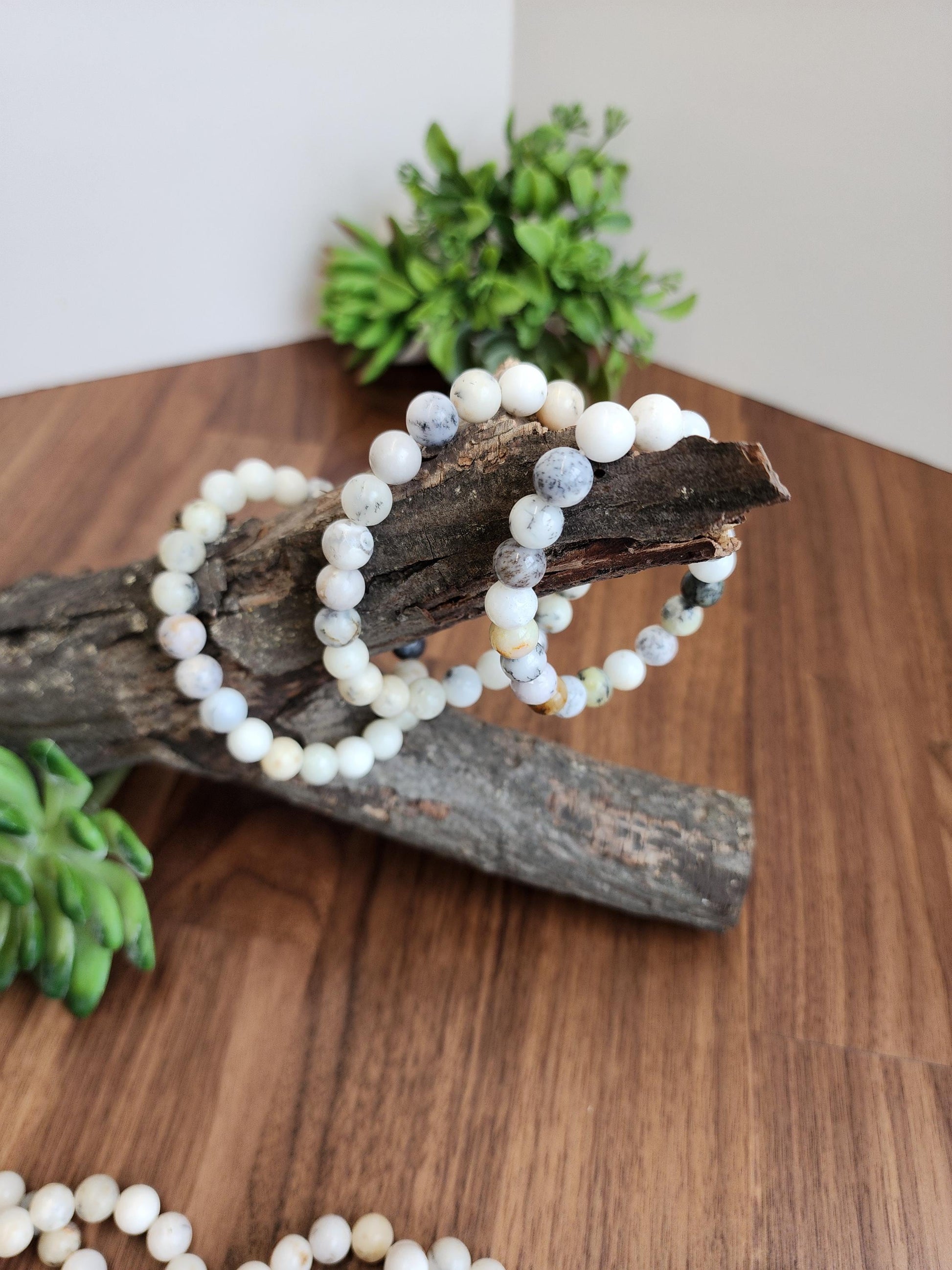 White Dendritic Opal Bracelet: 8MM Natural Crystal Tree Agate Beads | Rare Black and Gray Inclusions | Unique High Quality Gemstone Gifts