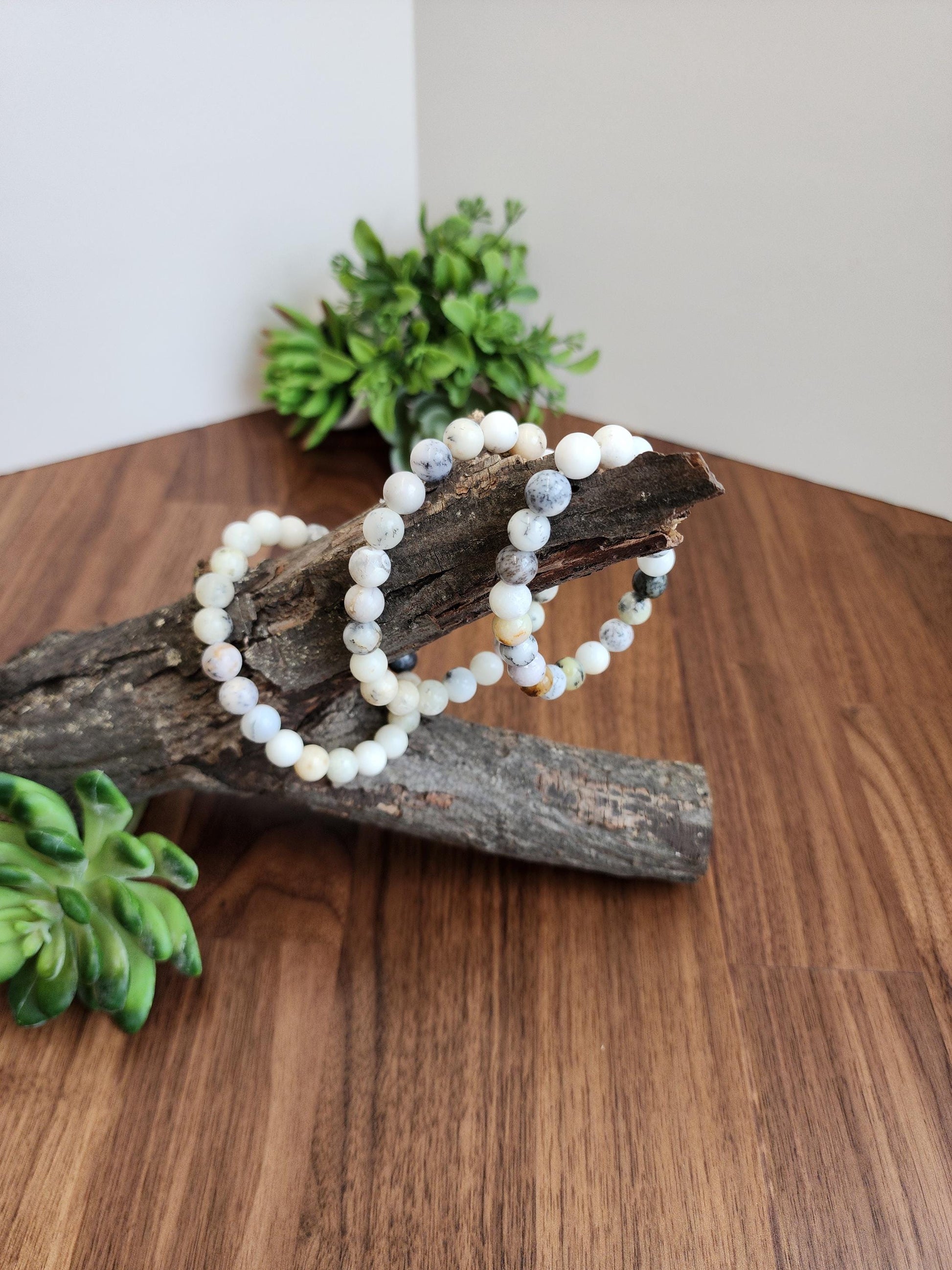 White Dendritic Opal Bracelet: 8MM Natural Crystal Tree Agate Beads | Rare Black and Gray Inclusions | Unique High Quality Gemstone Gifts