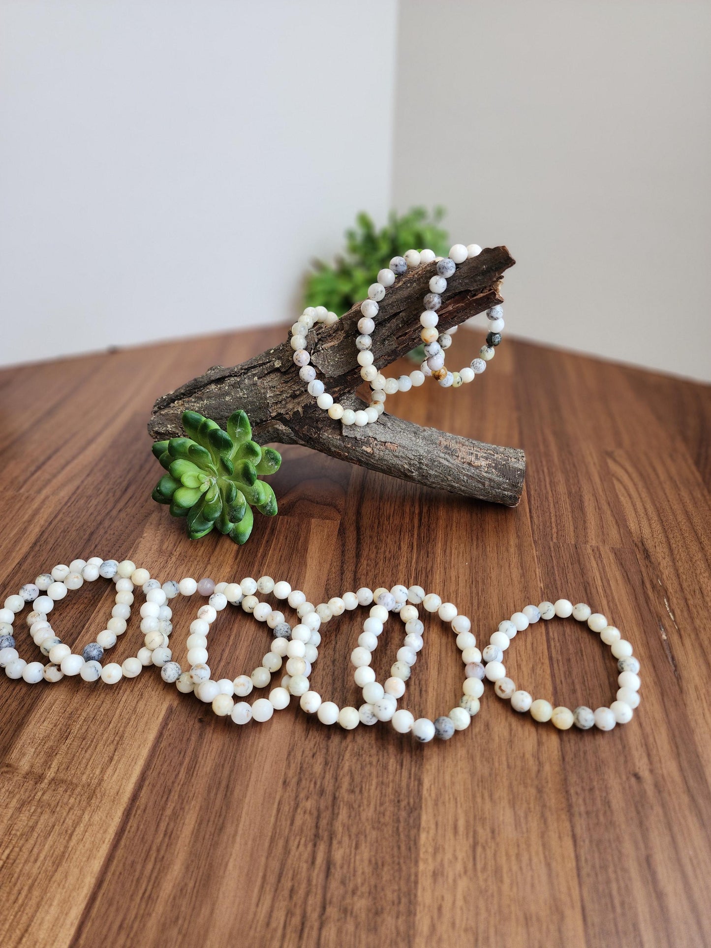 White Dendritic Opal Bracelet: 8MM Natural Crystal Tree Agate Beads | Rare Black and Gray Inclusions | Unique High Quality Gemstone Gifts