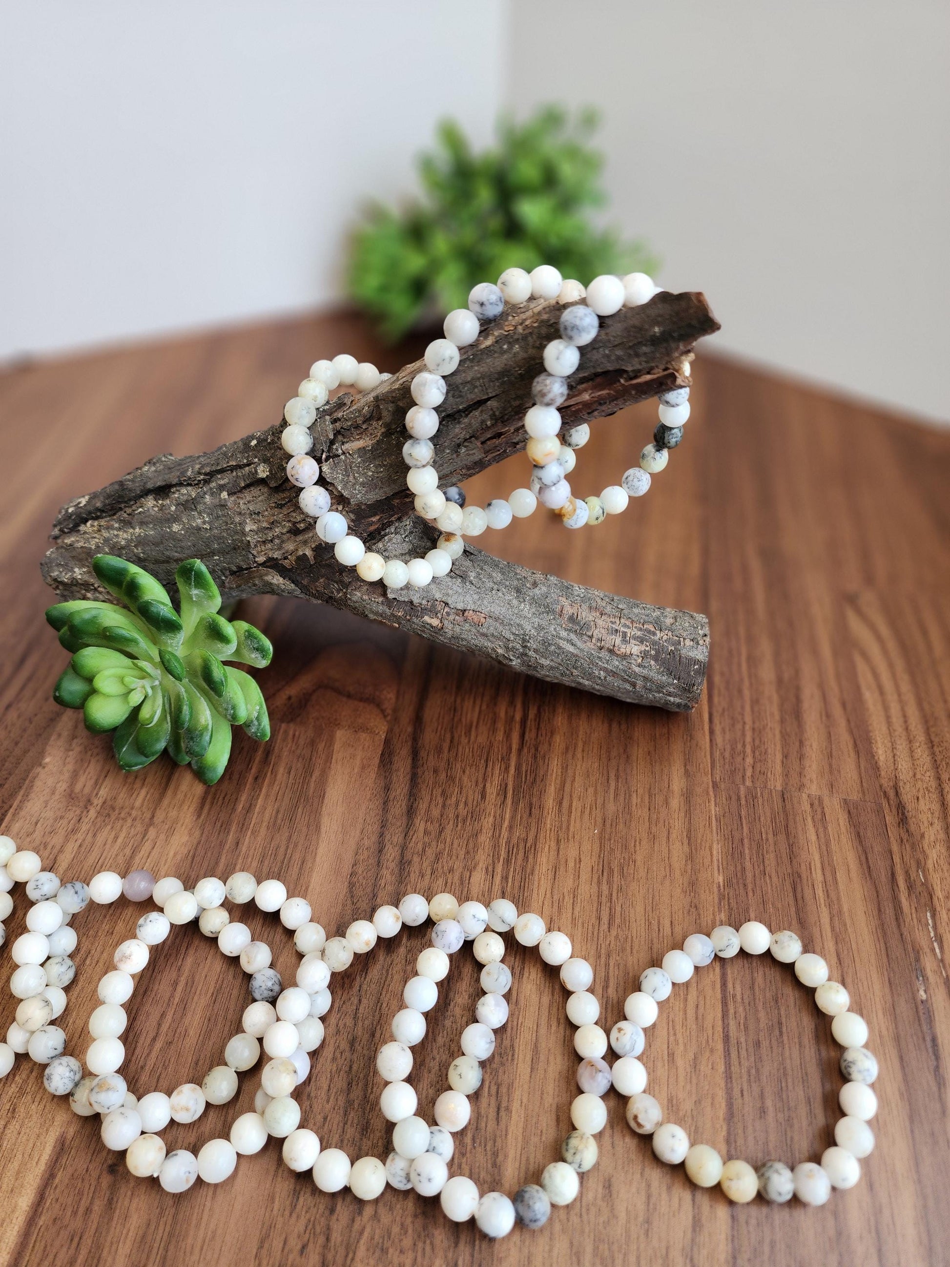 White Dendritic Opal Bracelet: 8MM Natural Crystal Tree Agate Beads | Rare Black and Gray Inclusions | Unique High Quality Gemstone Gifts