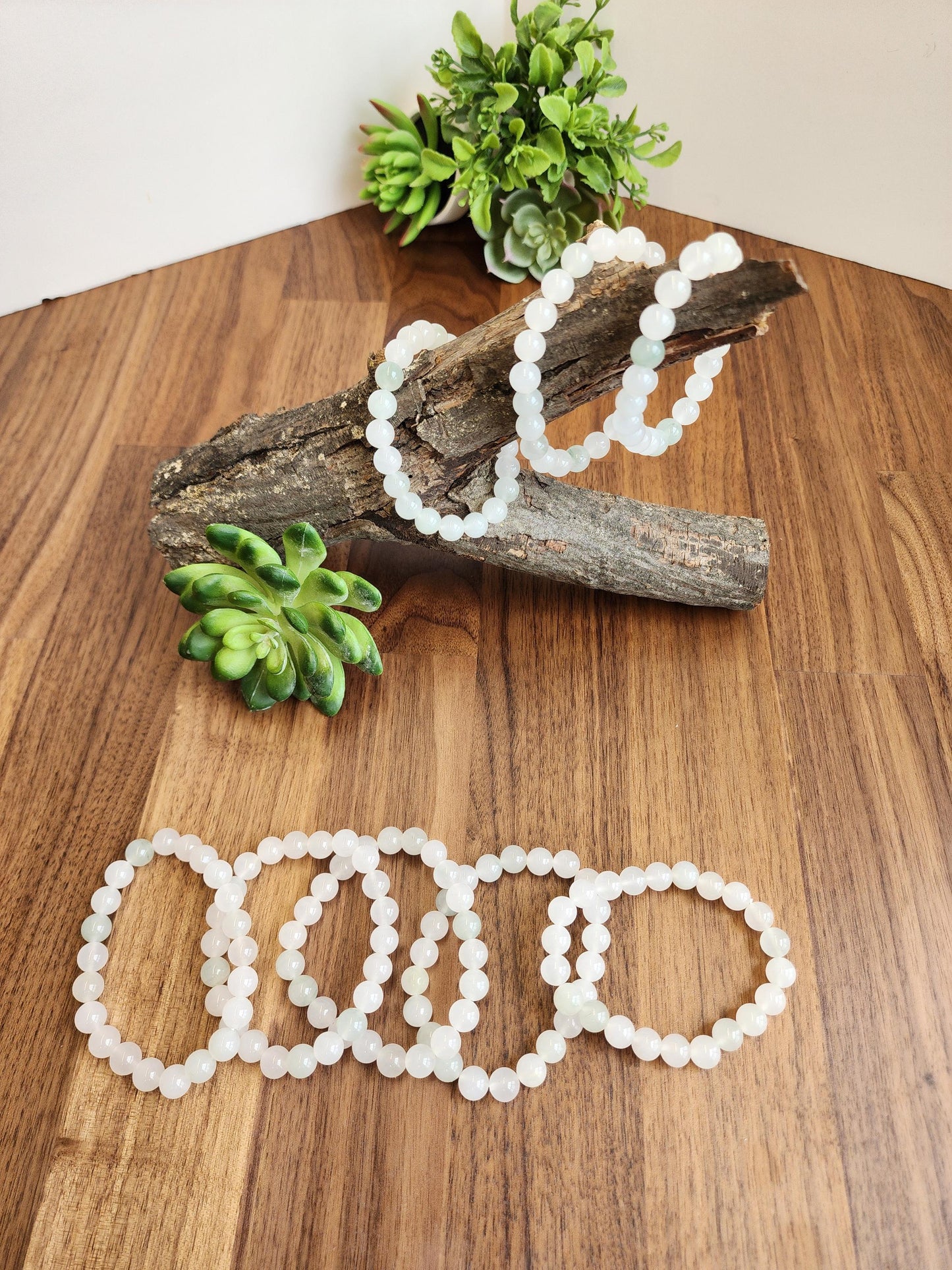 Ice Mountain Jade Bracelet: 8MM Natural Icy Jadeite Crystal Beads | Clear White with Cloudy hints of Green Sage | Rare High Quality Gemstone