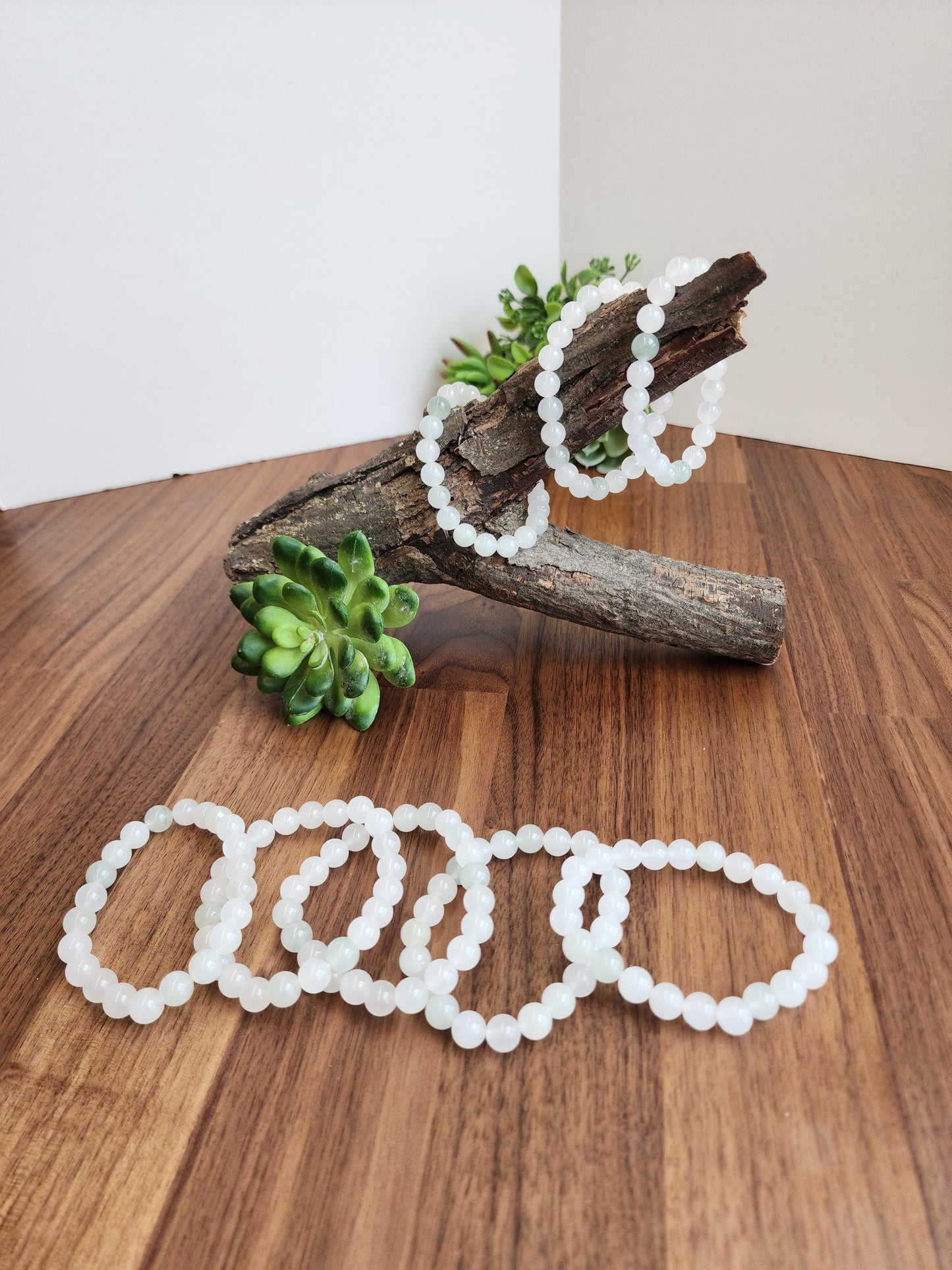 Ice Mountain Jade Bracelet: 8MM Natural Icy Jadeite Crystal Beads | Clear White with Cloudy hints of Green Sage | Rare High Quality Gemstone