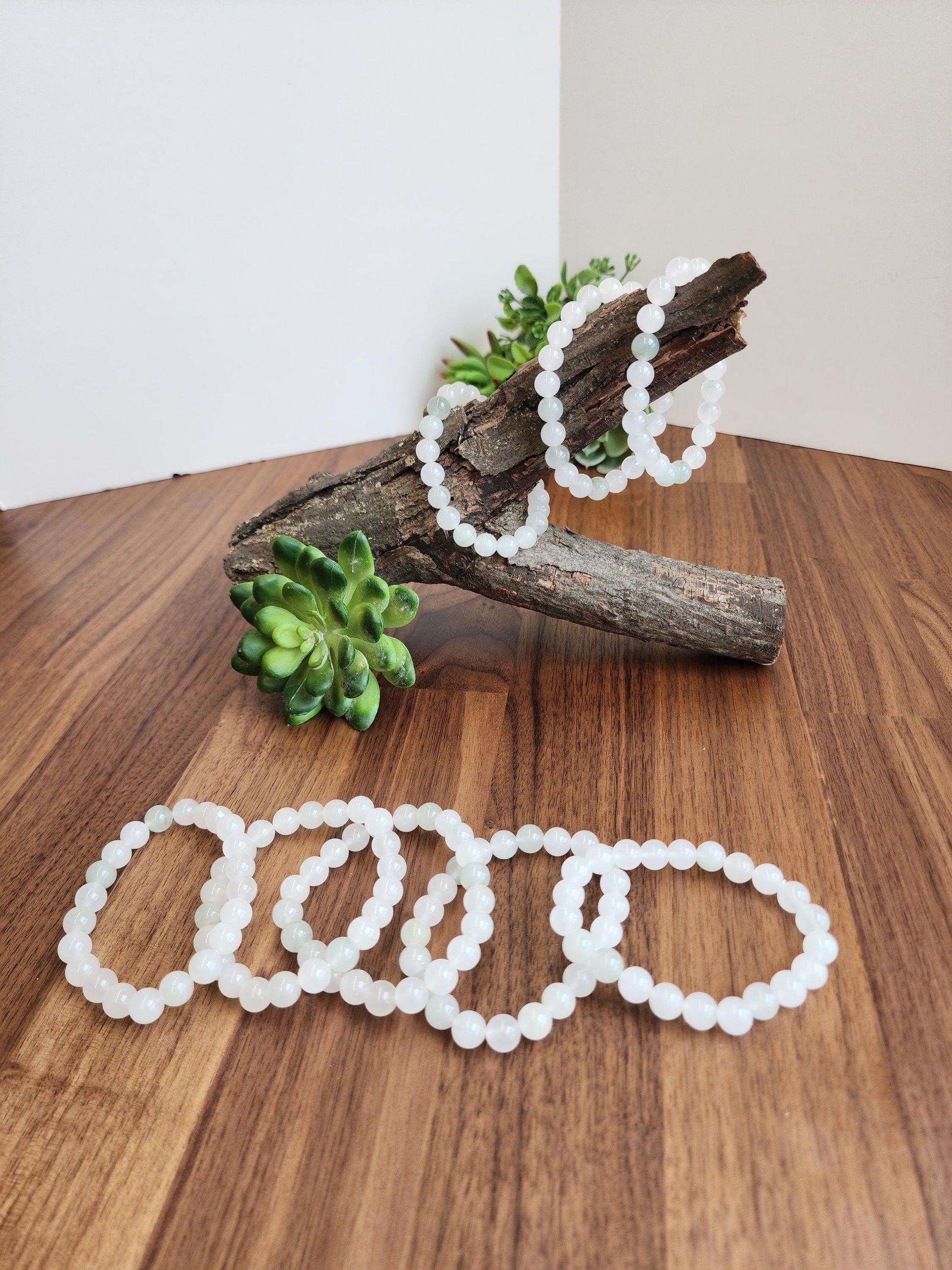 Ice Mountain Jade Bracelet: 8MM Natural Icy Jadeite Crystal Beads | Clear White with Cloudy hints of Green Sage | Rare High Quality Gemstone