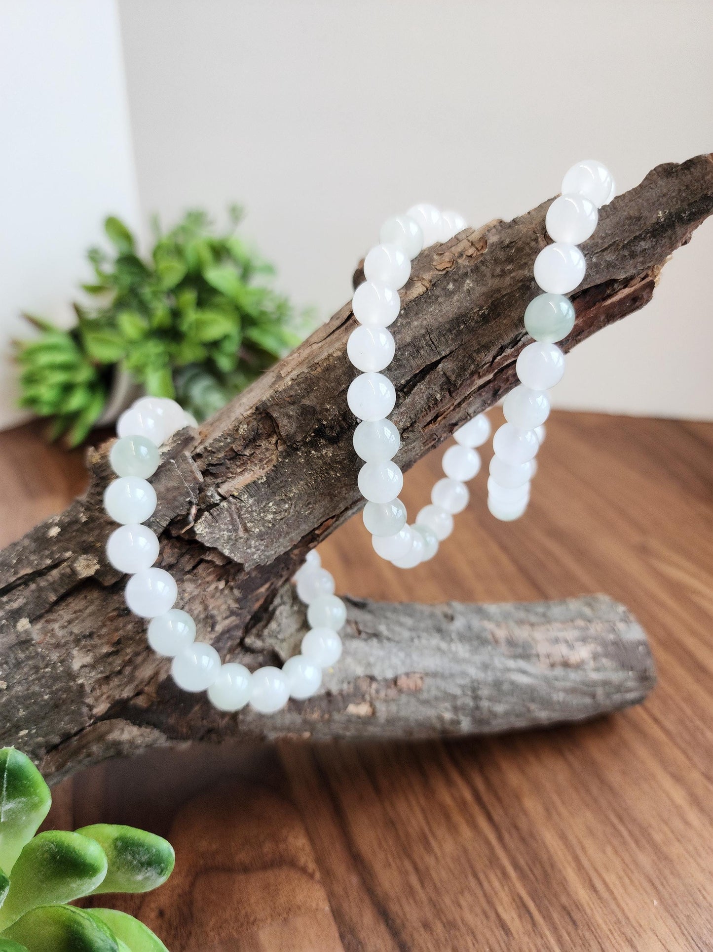 Ice Mountain Jade Bracelet: 8MM Natural Icy Jadeite Crystal Beads | Clear White with Cloudy hints of Green Sage | Rare High Quality Gemstone
