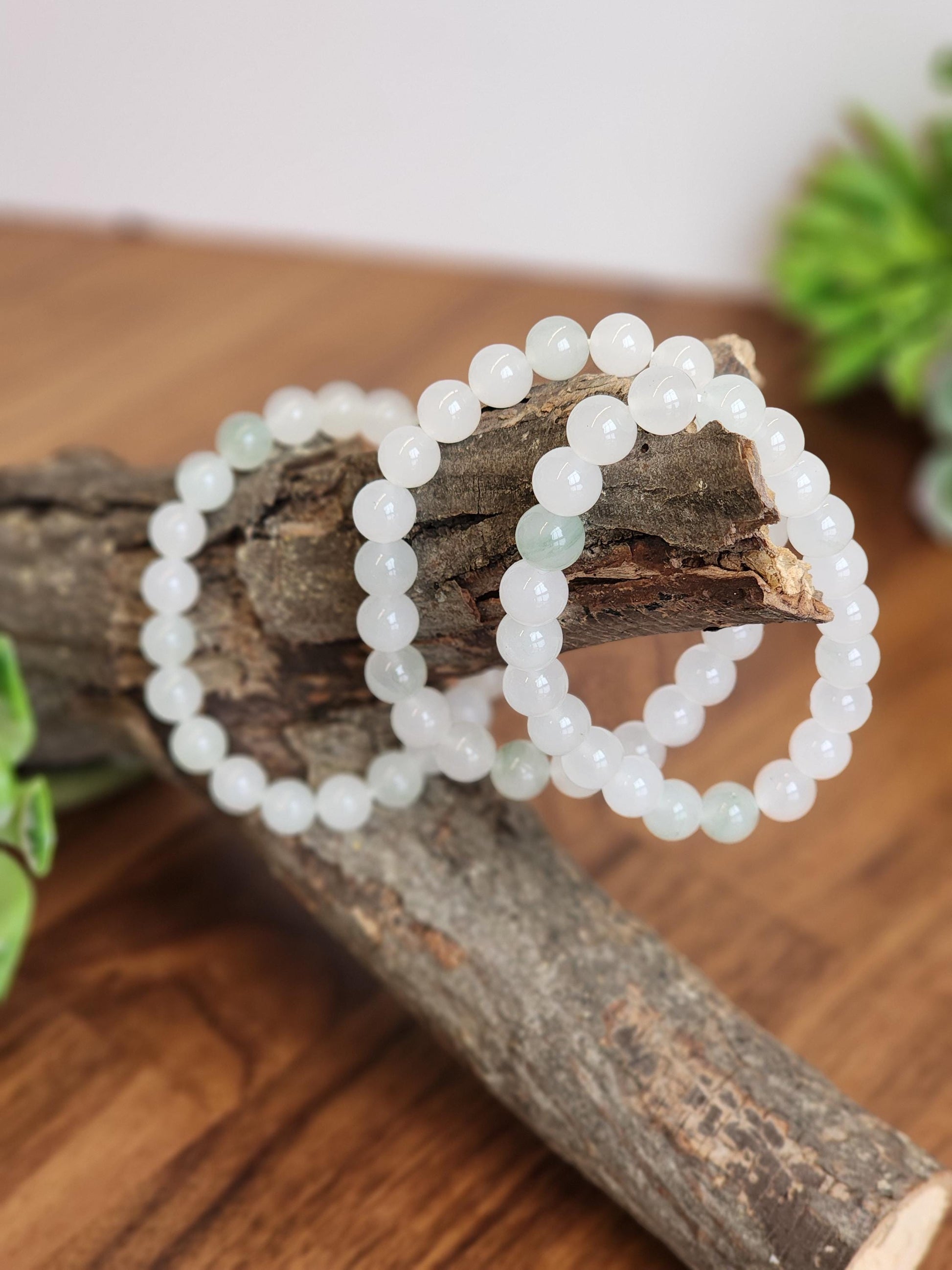 Ice Mountain Jade Bracelet: 8MM Natural Icy Jadeite Crystal Beads | Clear White with Cloudy hints of Green Sage | Rare High Quality Gemstone