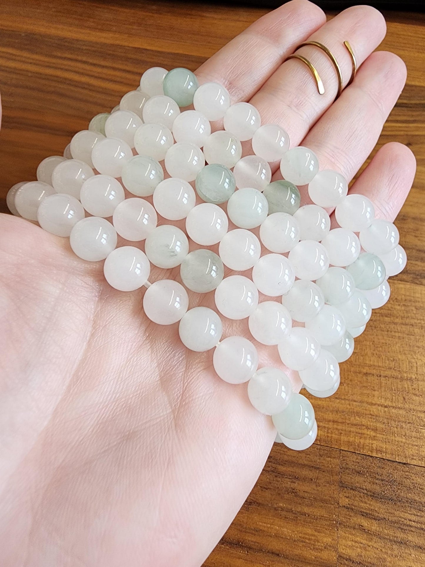 Ice Mountain Jade Bracelet: 8MM Natural Icy Jadeite Crystal Beads | Clear White with Cloudy hints of Green Sage | Rare High Quality Gemstone