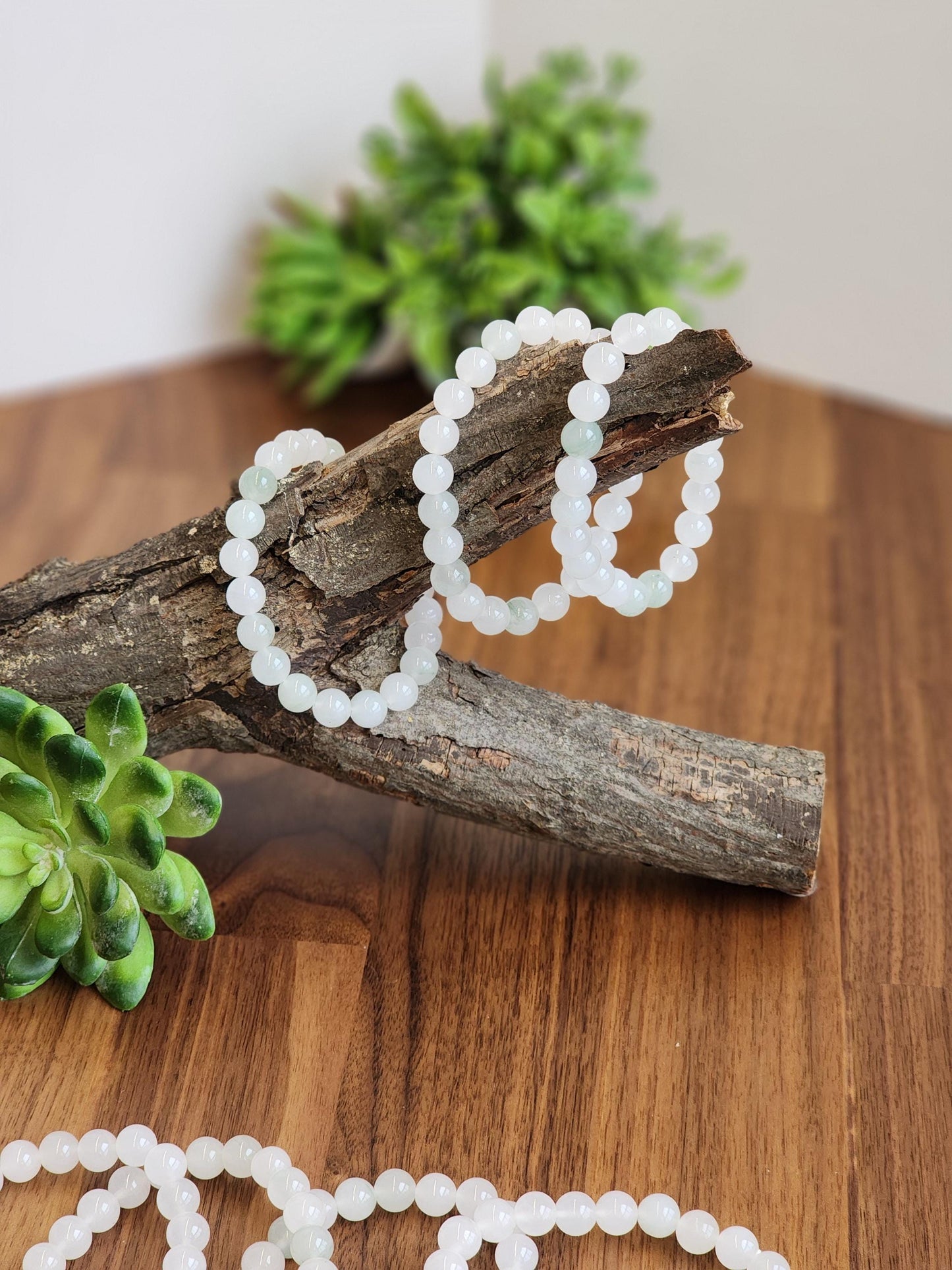 Ice Mountain Jade Bracelet: 8MM Natural Icy Jadeite Crystal Beads | Clear White with Cloudy hints of Green Sage | Rare High Quality Gemstone