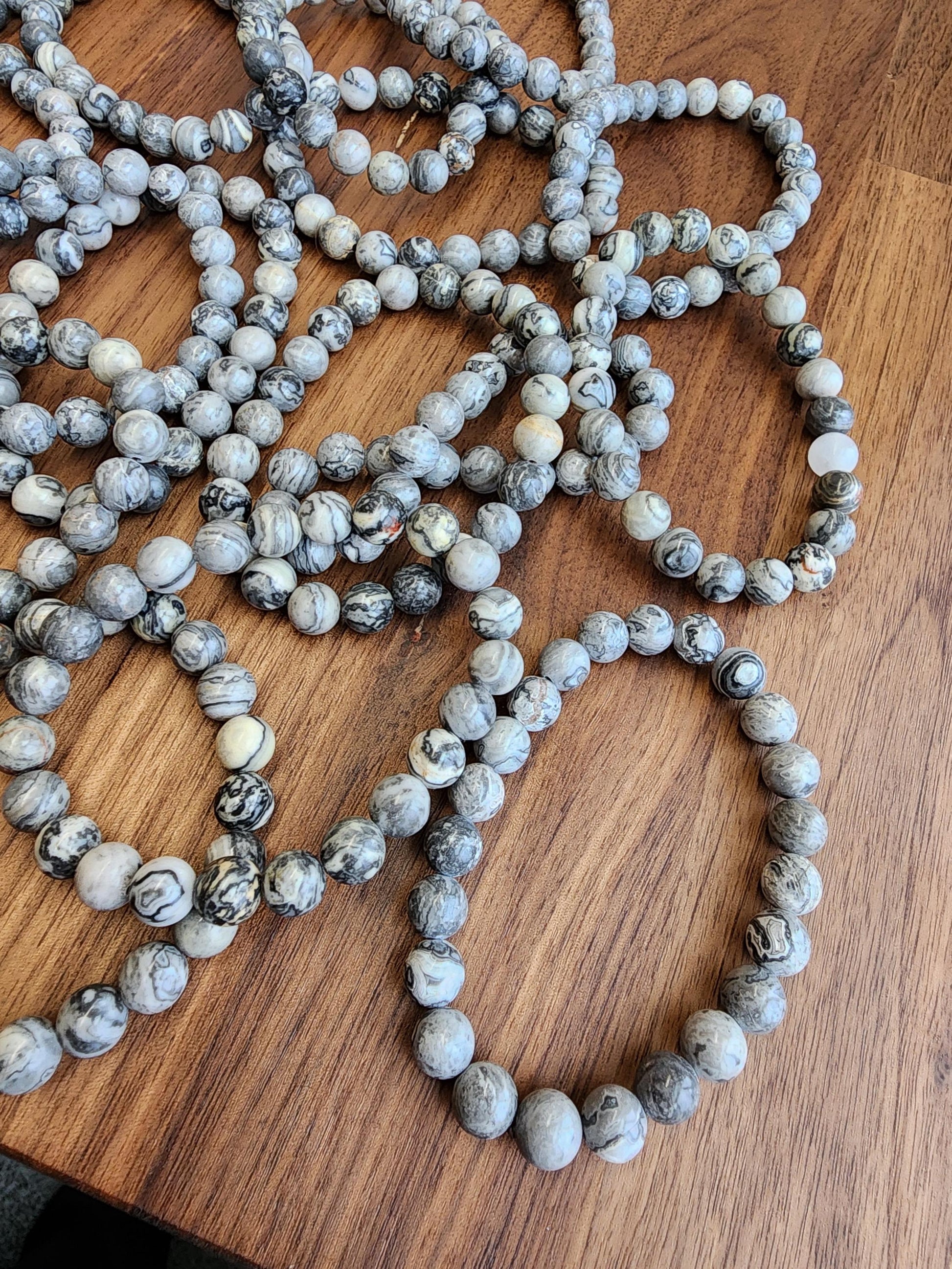 Gray Picasso Jasper Crystal Bracelet, Marbled Beads (8mm Stretch)