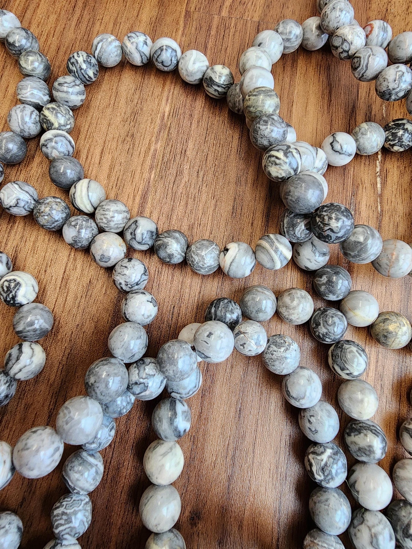 Gray Picasso Jasper Crystal Bracelet, Marbled Beads (8mm Stretch)