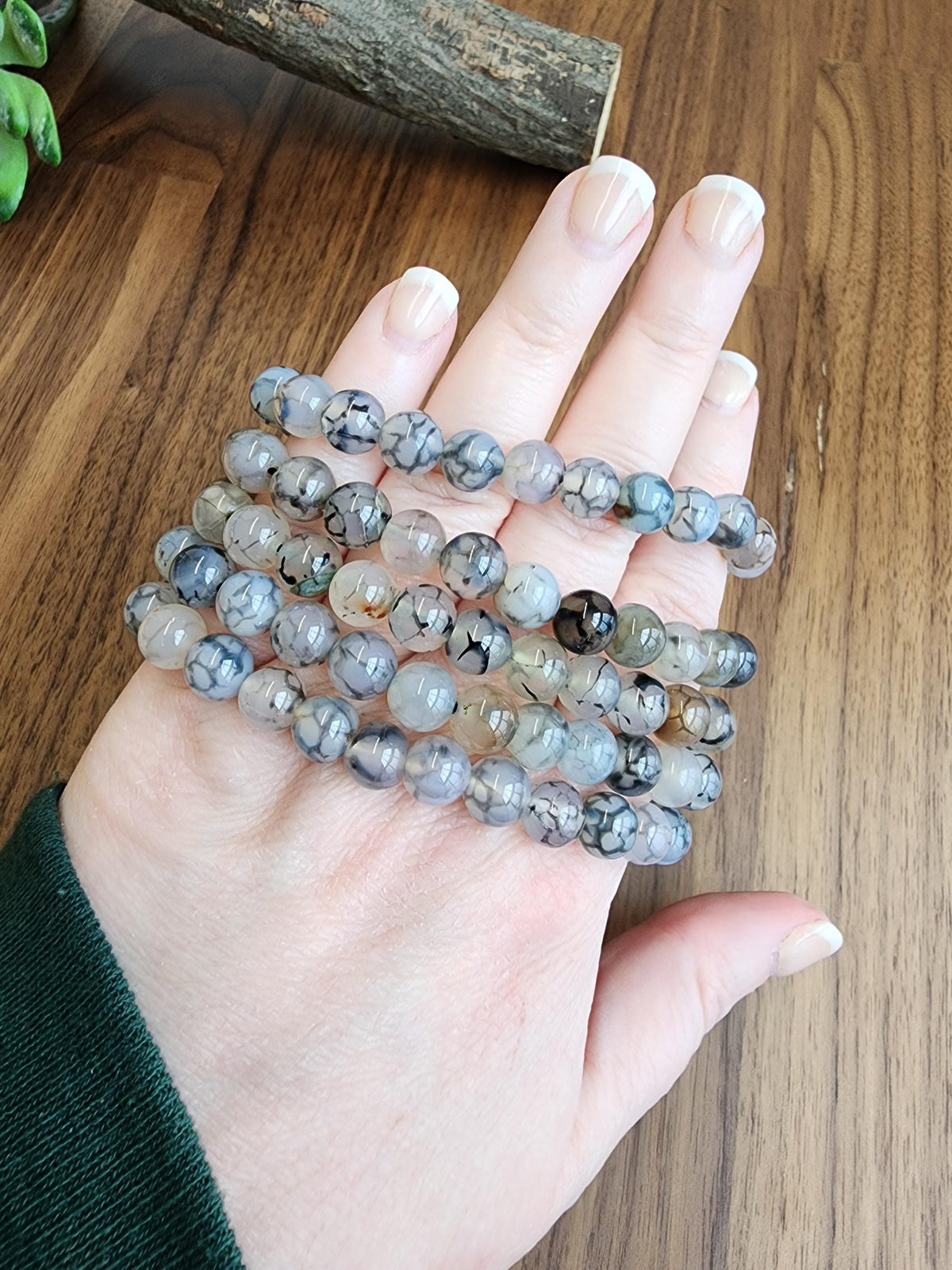 Dragon Lace Agate Bracelet: 7.5MM Translucent Blue Crystal with Black Veins and Webbing | Cloudy Gray Patterned Unique Jewelry | Goth Vibes