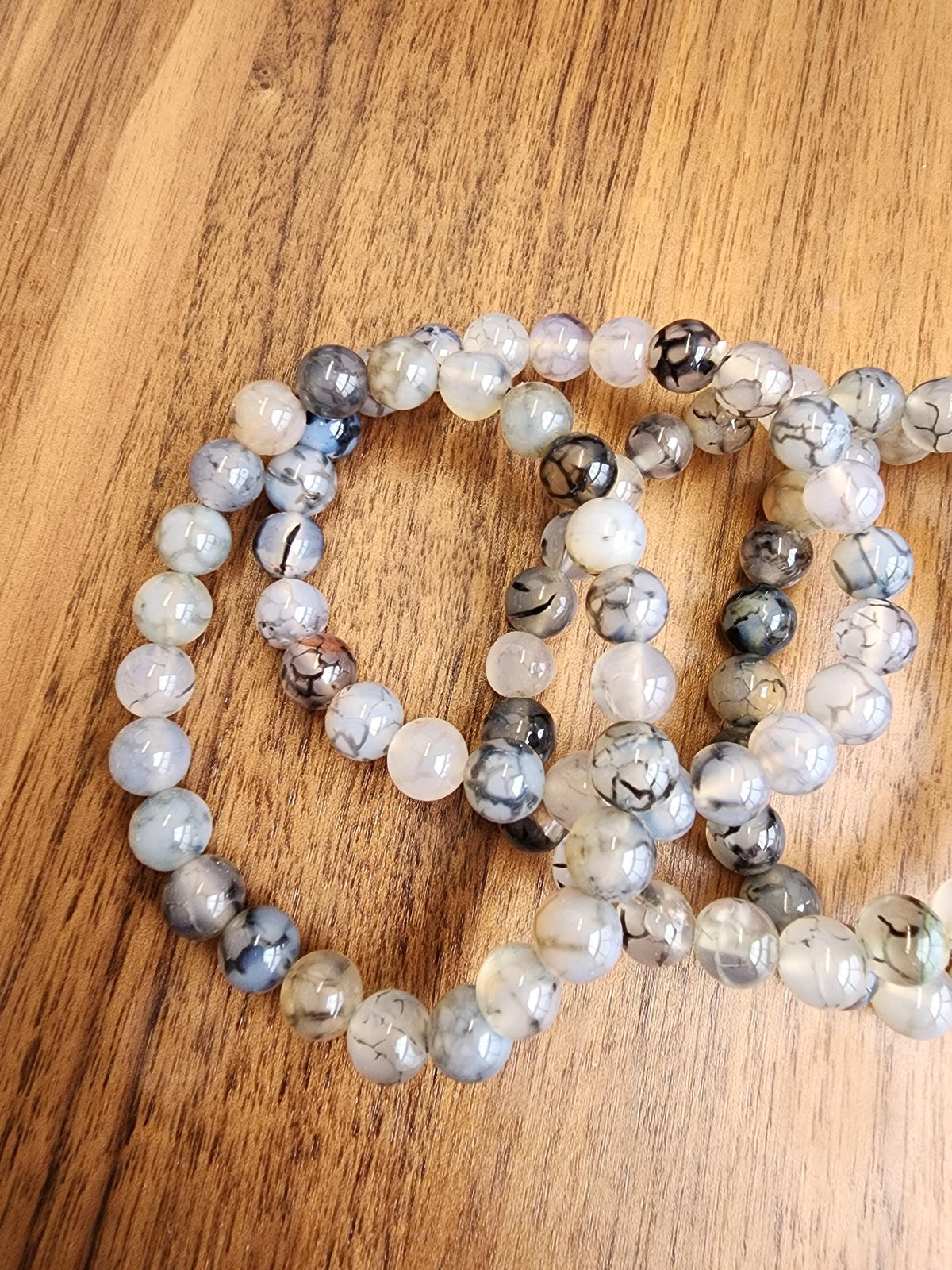 Dragon Lace Agate Bracelet: 7.5MM Translucent Blue Crystal with Black Veins and Webbing | Cloudy Gray Patterned Unique Jewelry | Goth Vibes