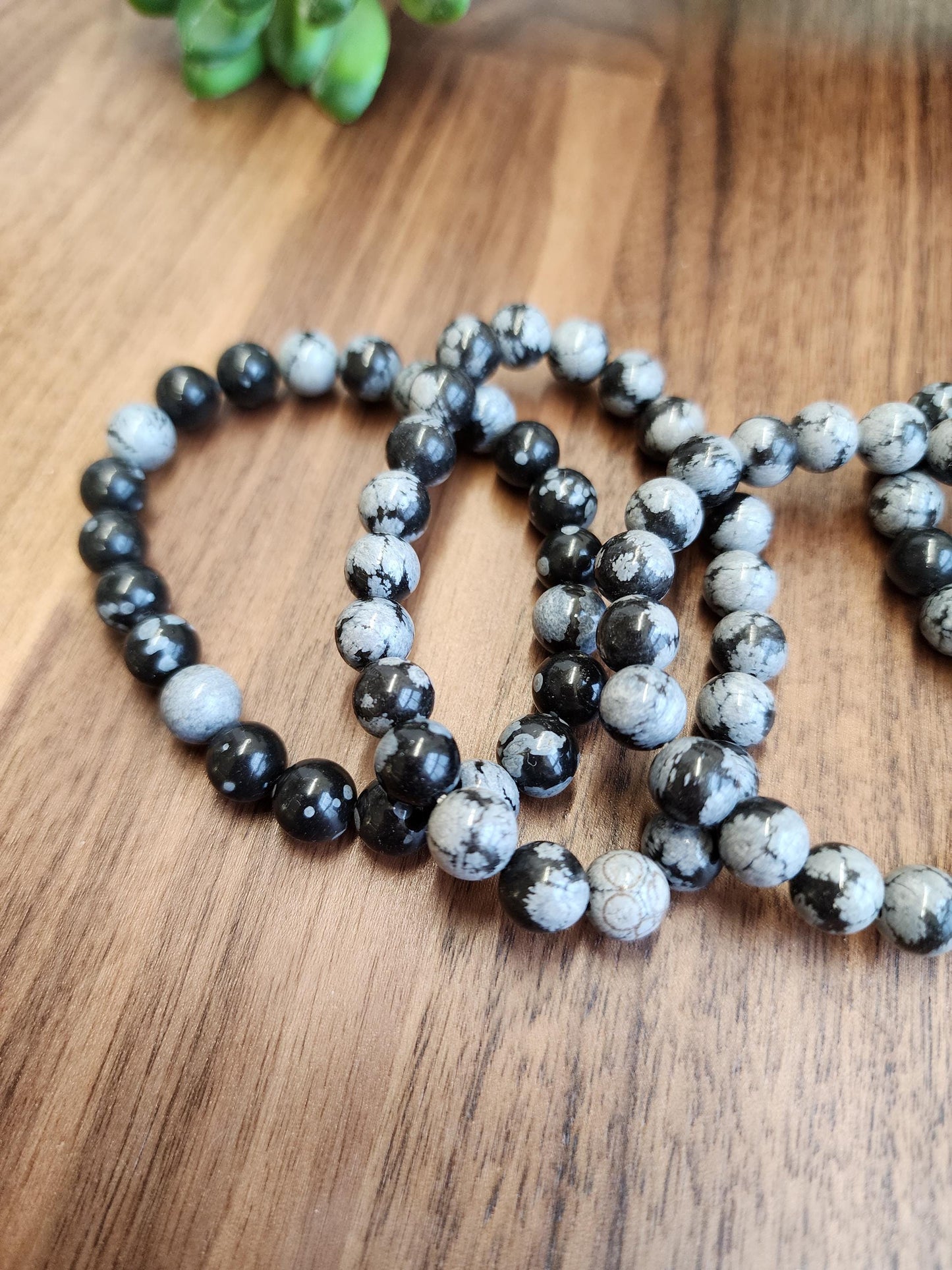 Snowflake Obsidian Bracelet | 8MM Black Crystal Beads with White Chrysanthemum Blooms | Gothic Gift for Women & Men | Matching Couple Idea