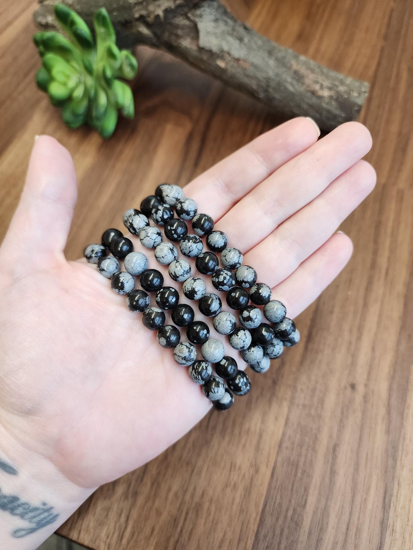 Snowflake Obsidian Bracelet | 8MM Black Crystal Beads with White Chrysanthemum Blooms | Gothic Gift for Women & Men | Matching Couple Idea