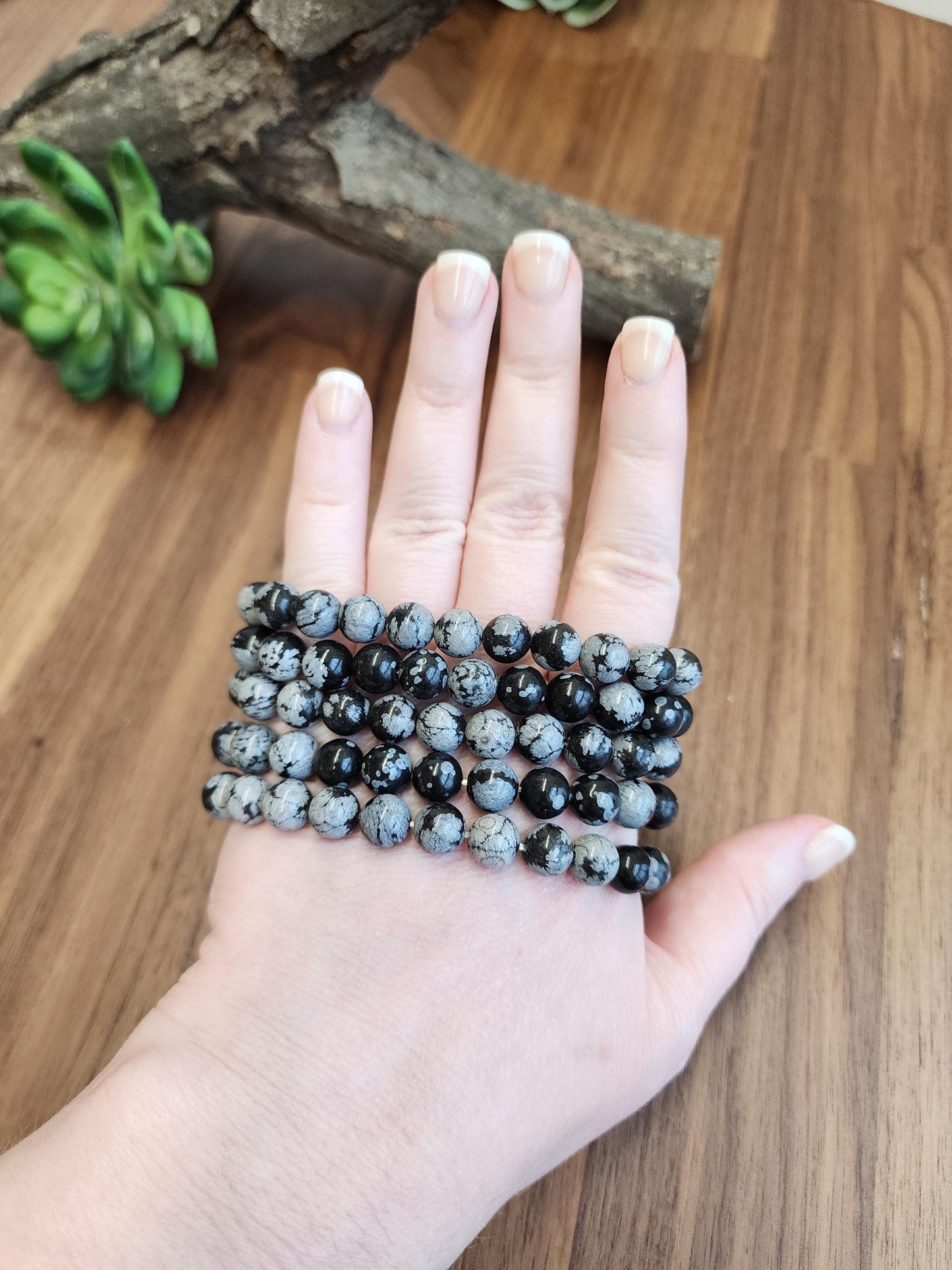 Snowflake Obsidian Bracelet | 8MM Black Crystal Beads with White Chrysanthemum Blooms | Gothic Gift for Women & Men | Matching Couple Idea