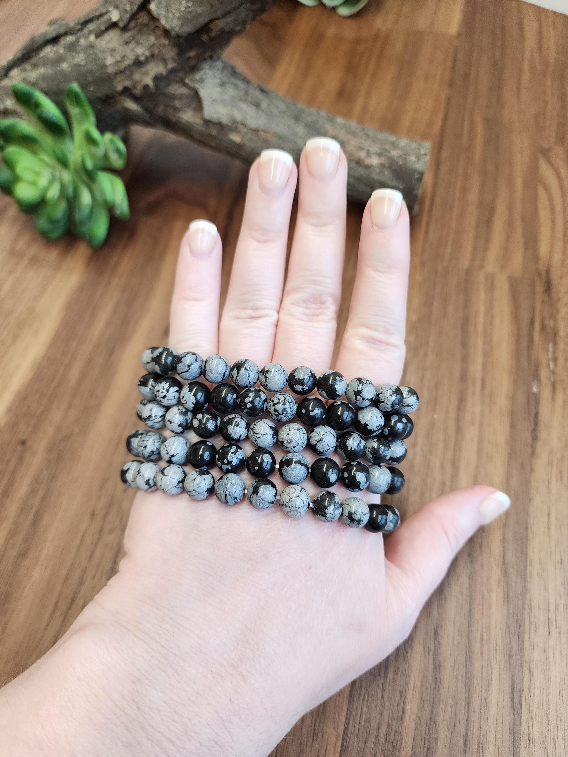 Snowflake Obsidian Bracelet | 8MM Black Crystal Beads with White Chrysanthemum Blooms | Gothic Gift for Women & Men | Matching Couple Idea