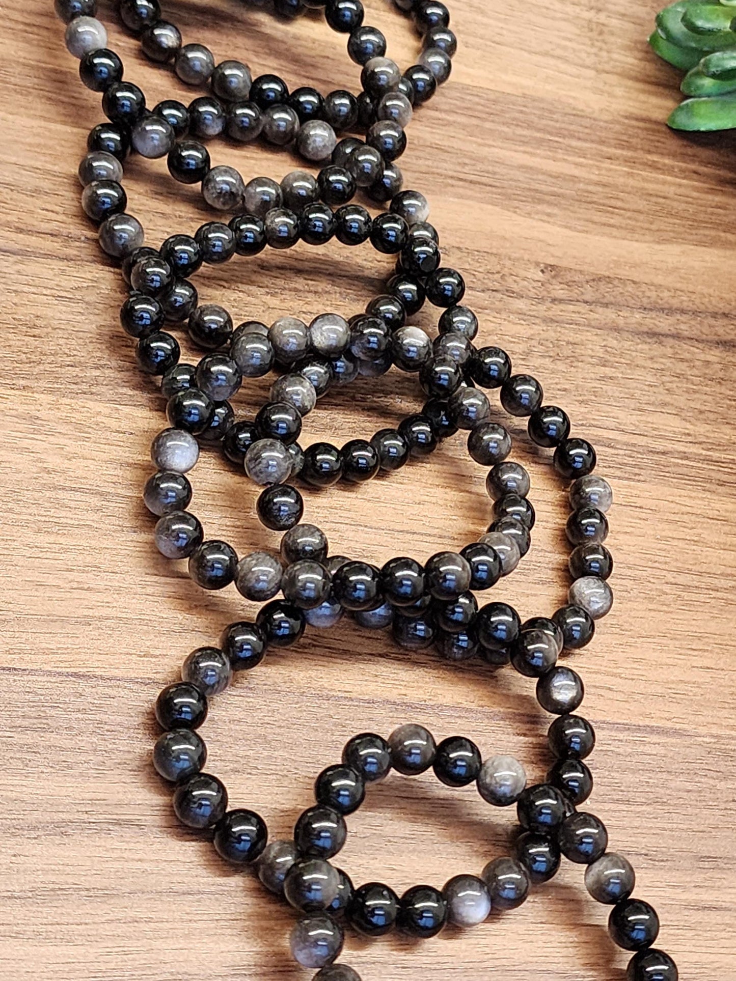 Silver Sheen Obsidian Bracelet: 8MM Natural Black Crystal Beads with Silver Gray Chatoyant Effect | Cool Gift for Rock Collectors Kids