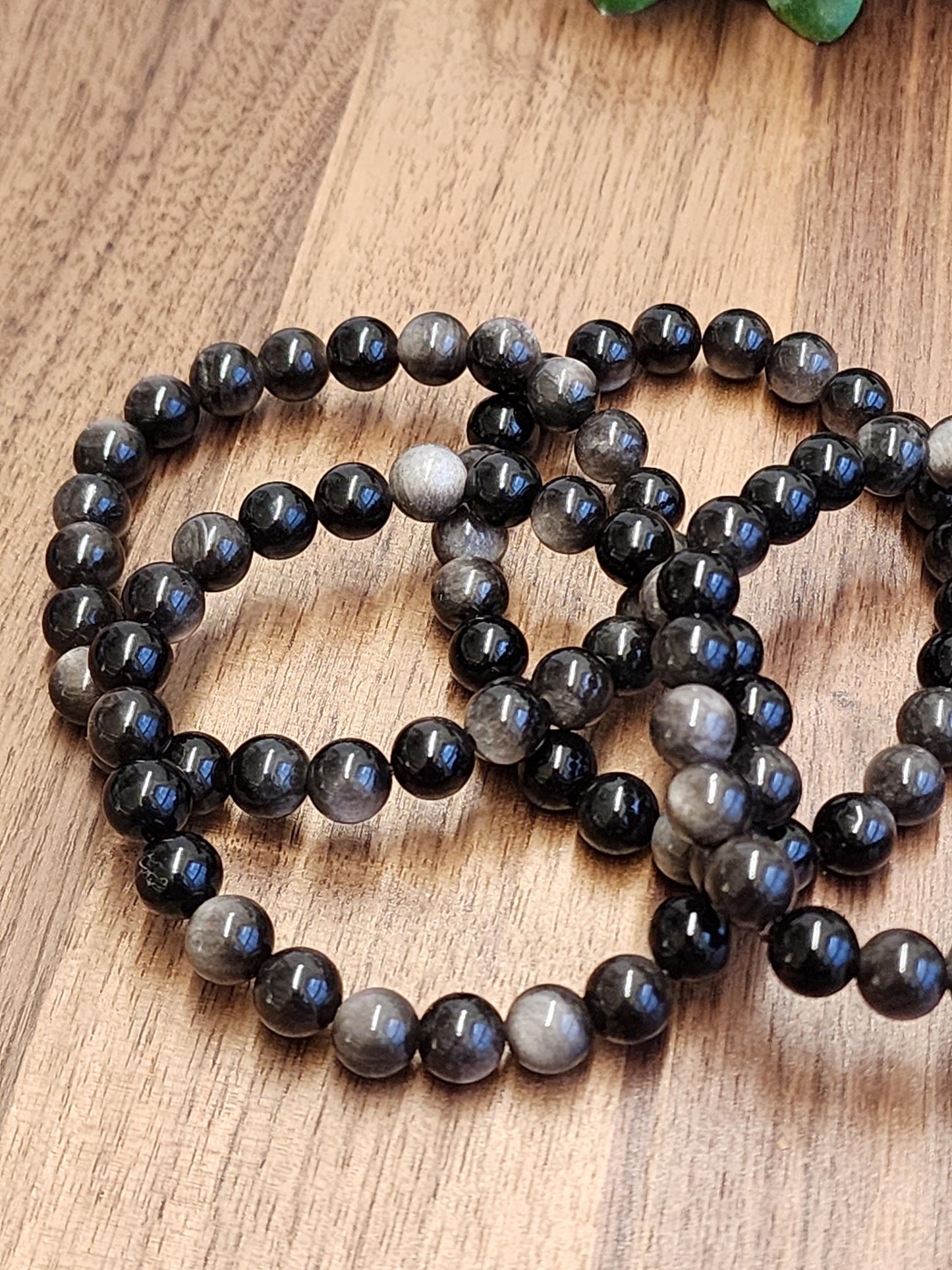Silver Sheen Obsidian Bracelet: 8MM Natural Black Crystal Beads with Silver Gray Chatoyant Effect | Cool Gift for Rock Collectors Kids