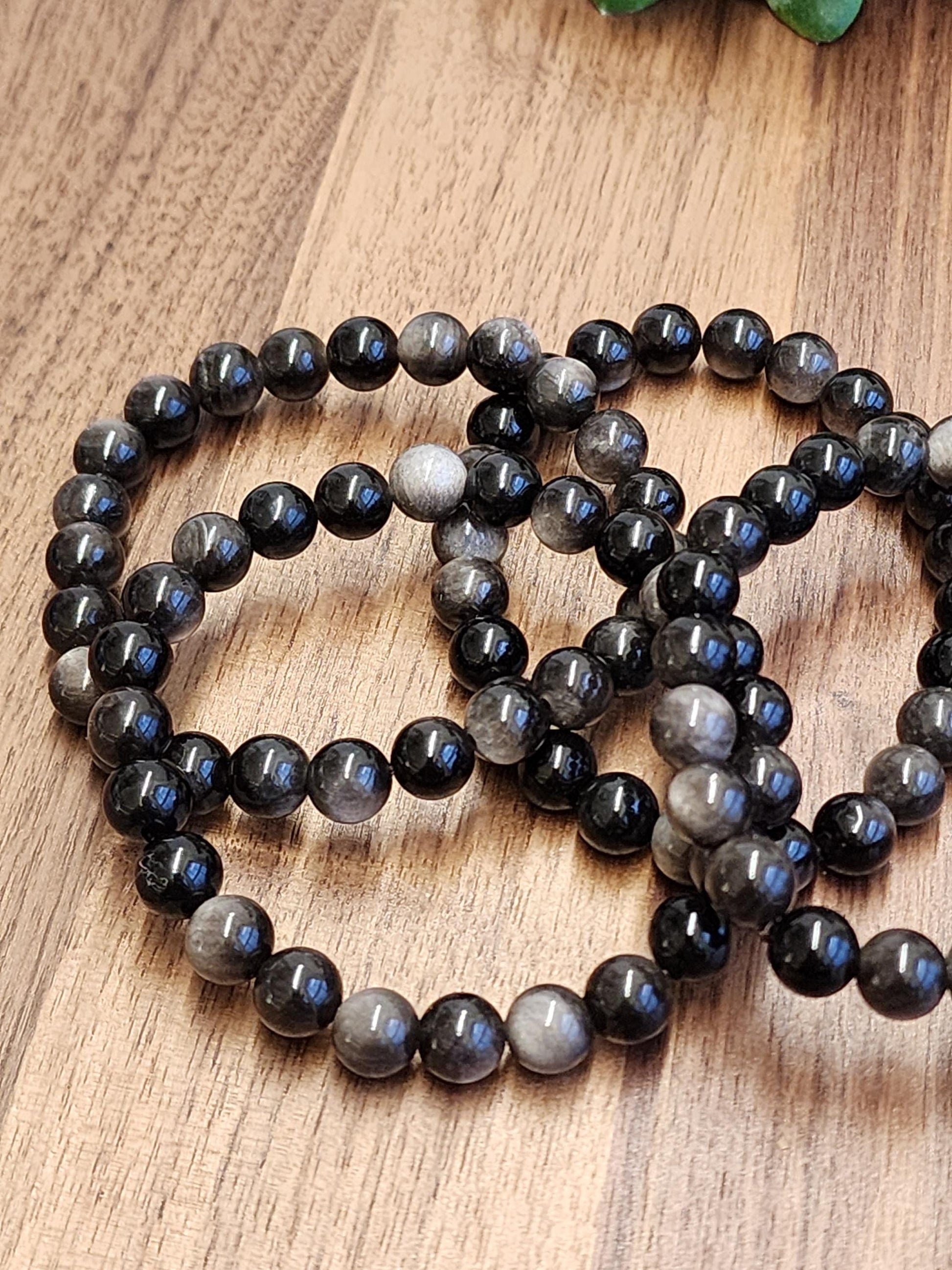 Silver Sheen Obsidian Bracelet: 8MM Natural Black Crystal Beads with Silver Gray Chatoyant Effect | Cool Gift for Rock Collectors Kids