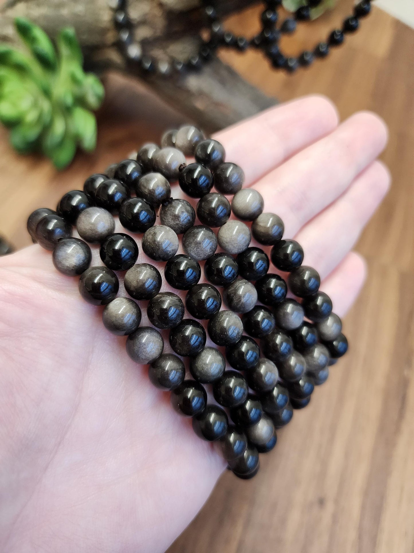 Silver Sheen Obsidian Bracelet: 8MM Natural Black Crystal Beads with Silver Gray Chatoyant Effect | Cool Gift for Rock Collectors Kids