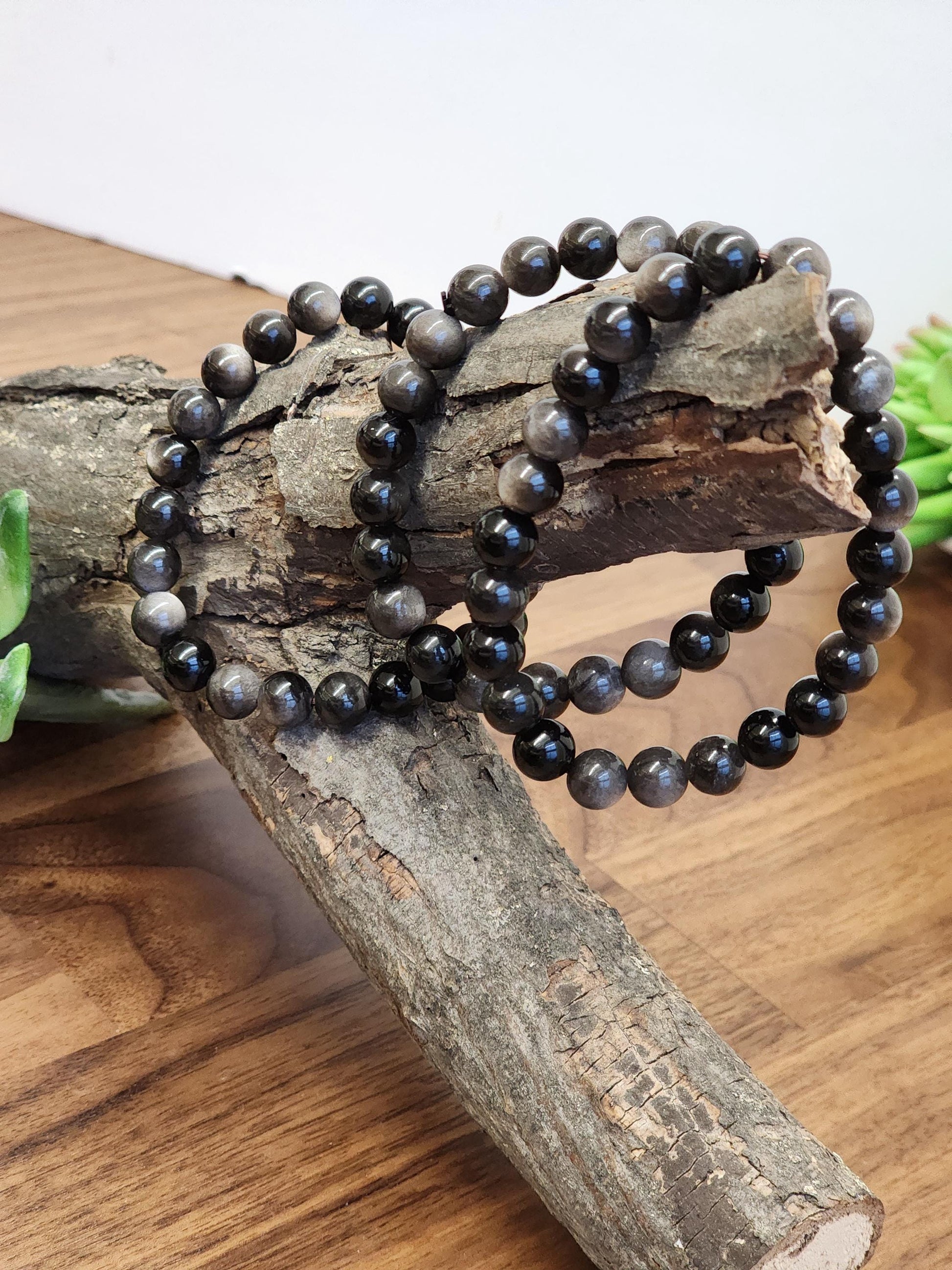 Silver Sheen Obsidian Bracelet: 8MM Natural Black Crystal Beads with Silver Gray Chatoyant Effect | Cool Gift for Rock Collectors Kids