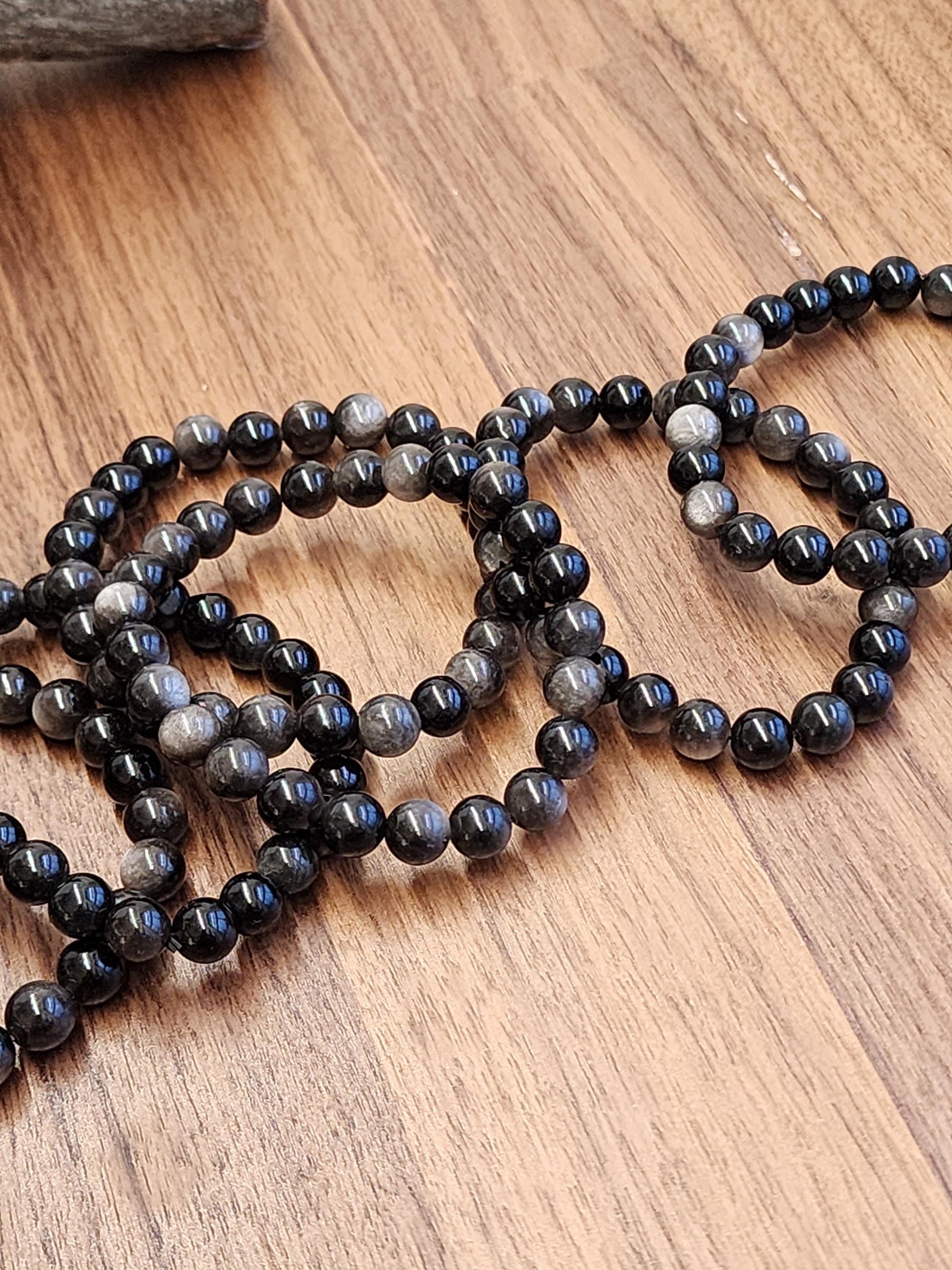 Silver Sheen Obsidian Bracelet: 8MM Natural Black Crystal Beads with Silver Gray Chatoyant Effect | Cool Gift for Rock Collectors Kids
