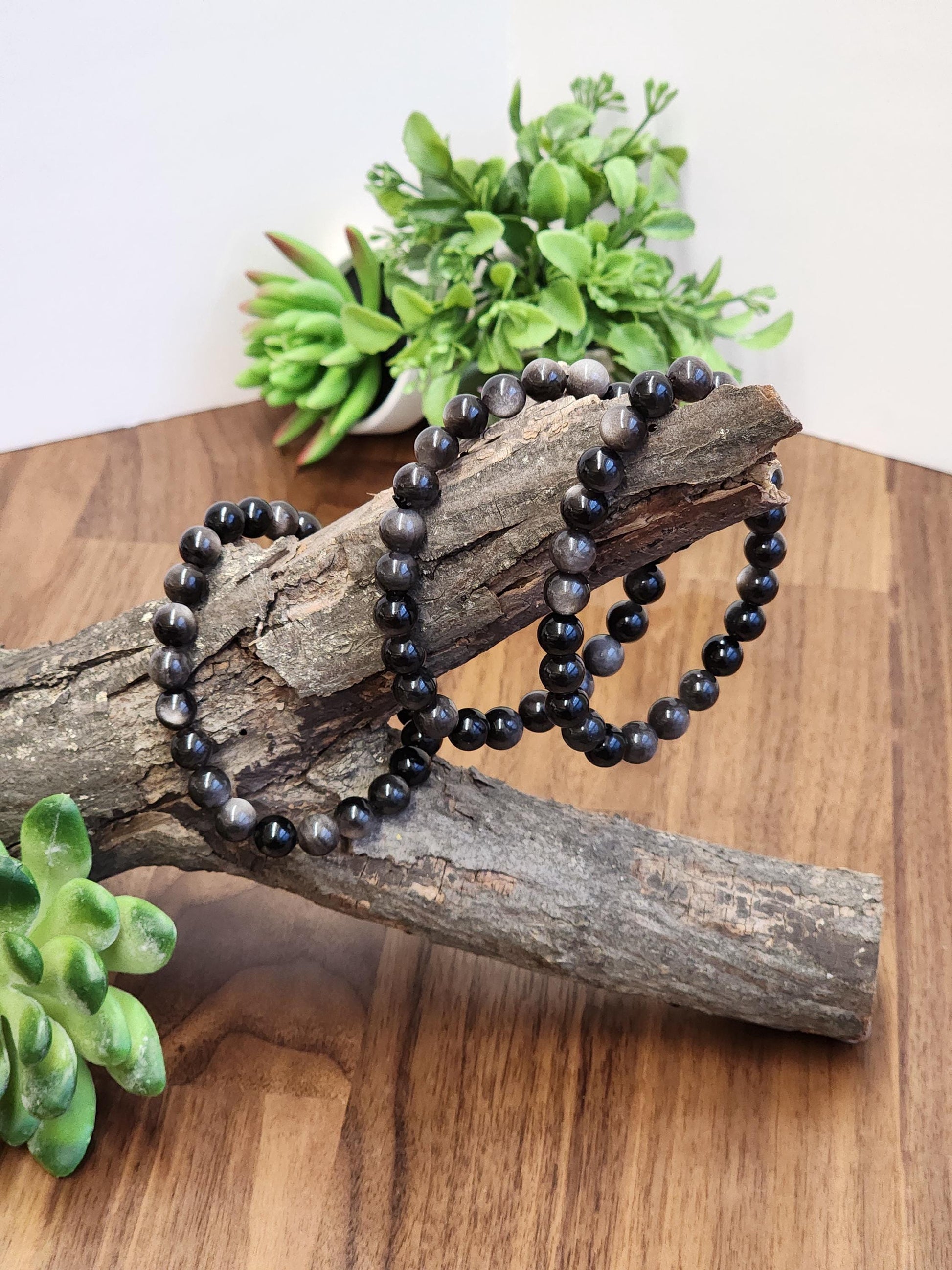 Silver Sheen Obsidian Bracelet: 8MM Natural Black Crystal Beads with Silver Gray Chatoyant Effect | Cool Gift for Rock Collectors Kids