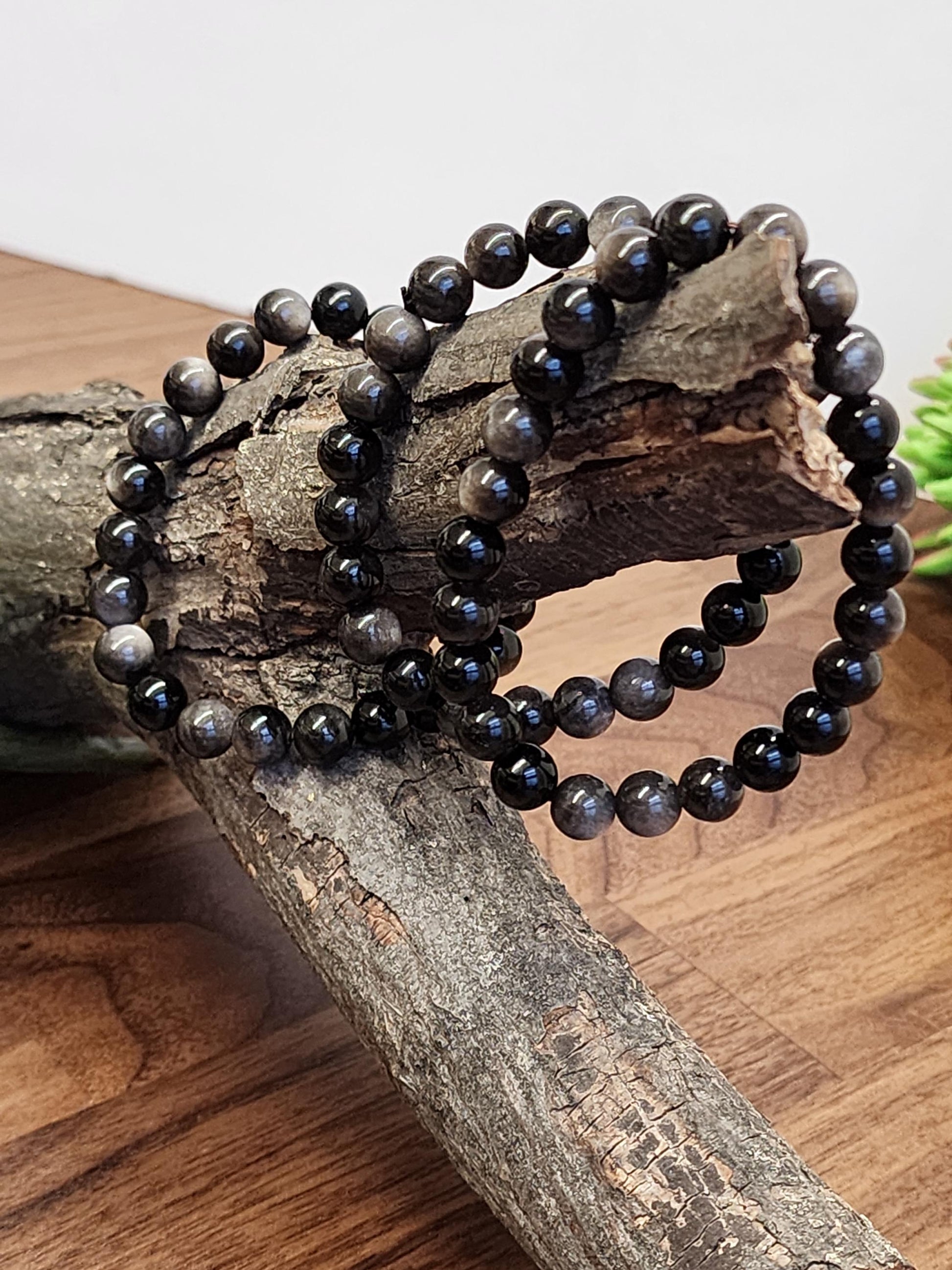 Silver Sheen Obsidian Bracelet: 8MM Natural Black Crystal Beads with Silver Gray Chatoyant Effect | Cool Gift for Rock Collectors Kids