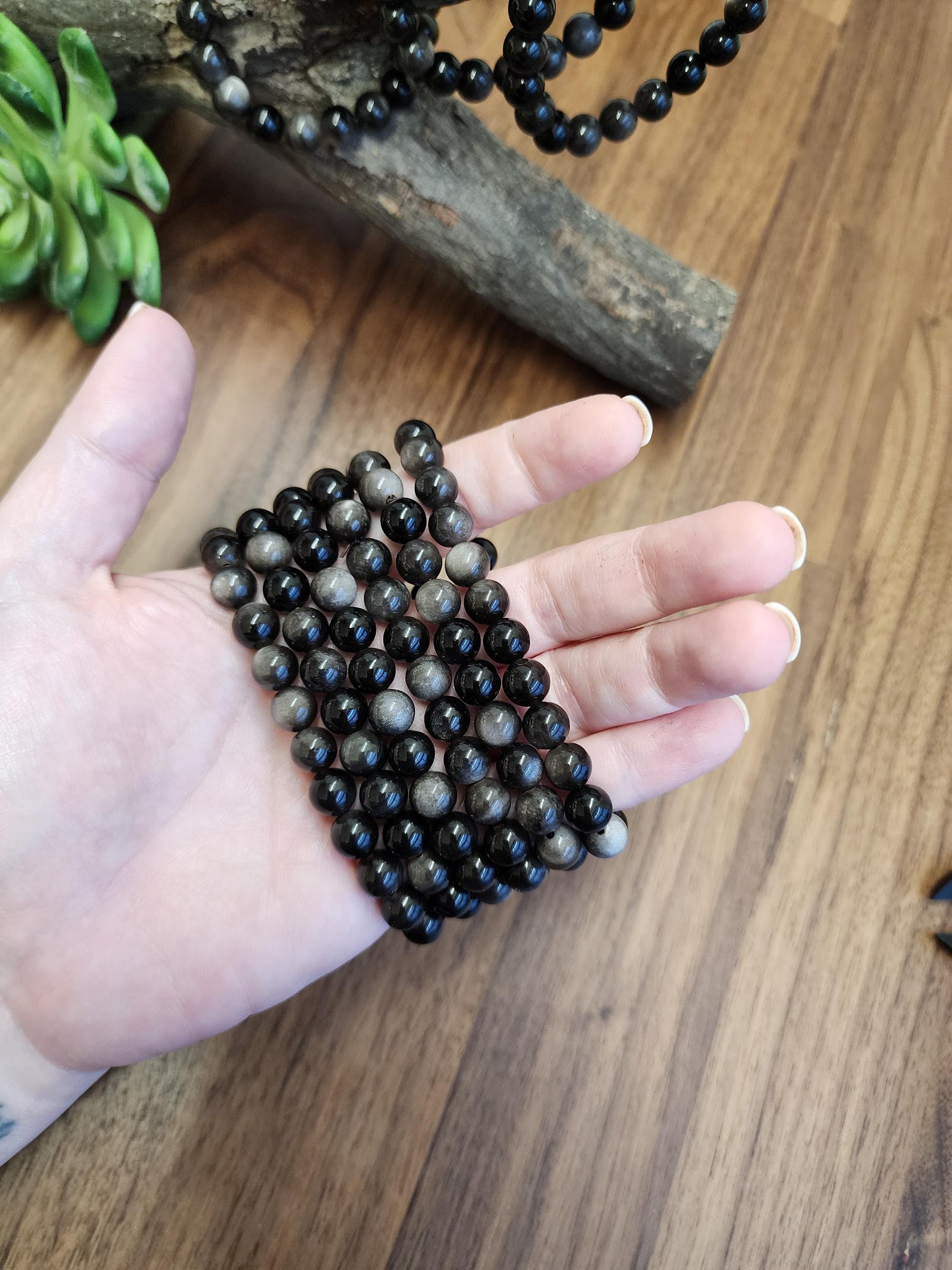Silver Sheen Obsidian Bracelet: 8MM Natural Black Crystal Beads with Silver Gray Chatoyant Effect | Cool Gift for Rock Collectors Kids
