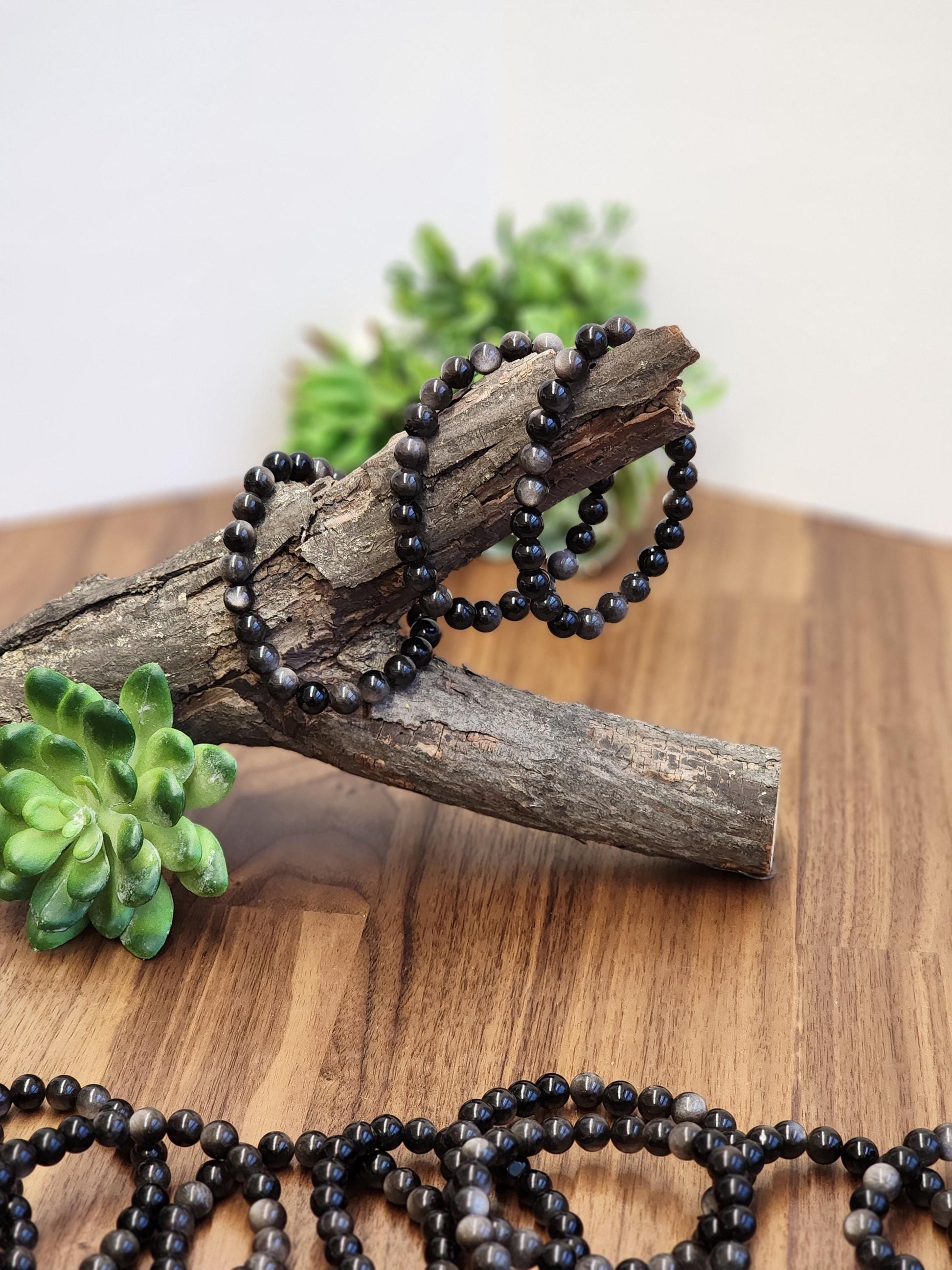 Silver Sheen Obsidian Bracelet: 8MM Natural Black Crystal Beads with Silver Gray Chatoyant Effect | Cool Gift for Rock Collectors Kids