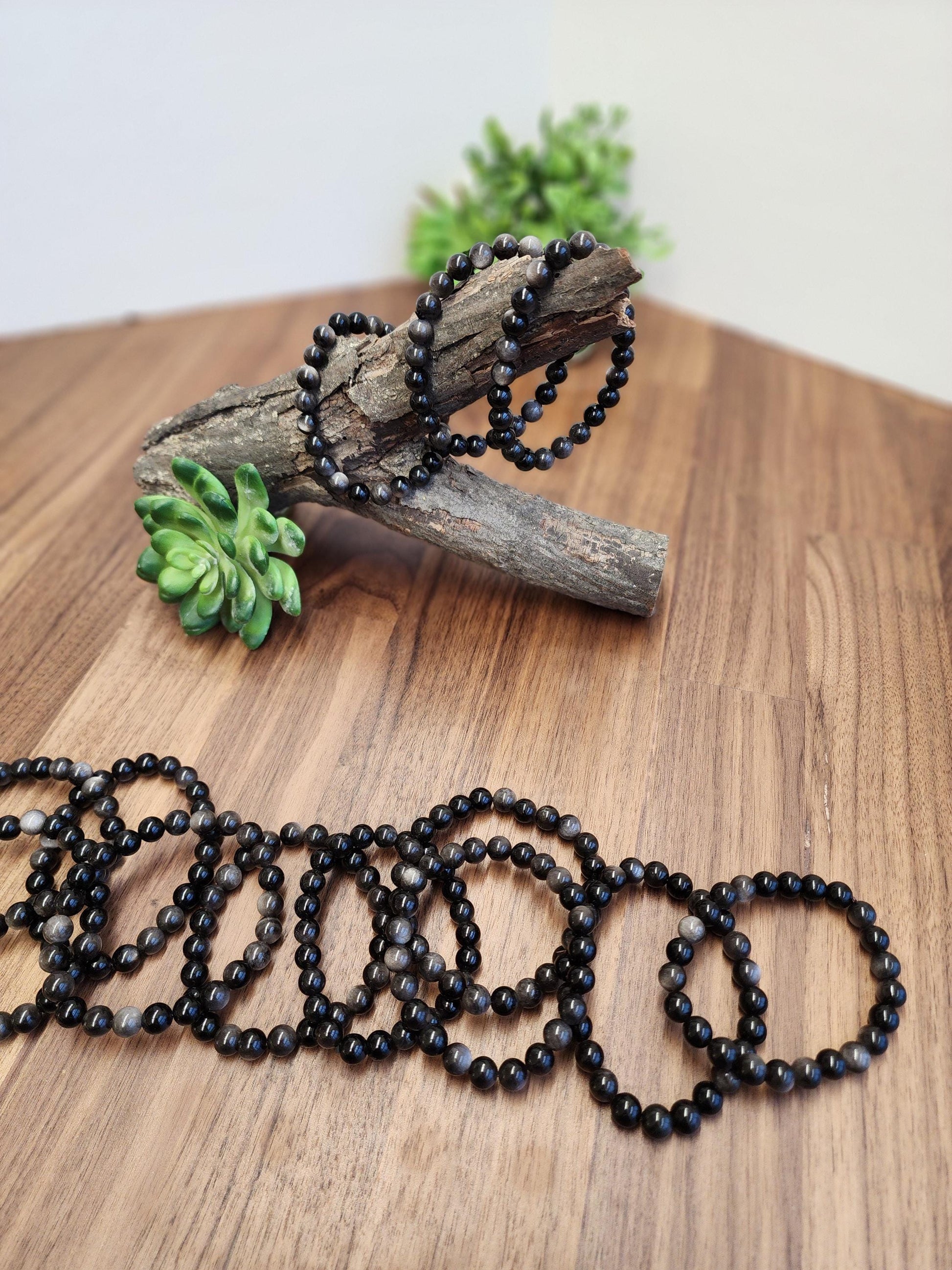 Silver Sheen Obsidian Bracelet: 8MM Natural Black Crystal Beads with Silver Gray Chatoyant Effect | Cool Gift for Rock Collectors Kids