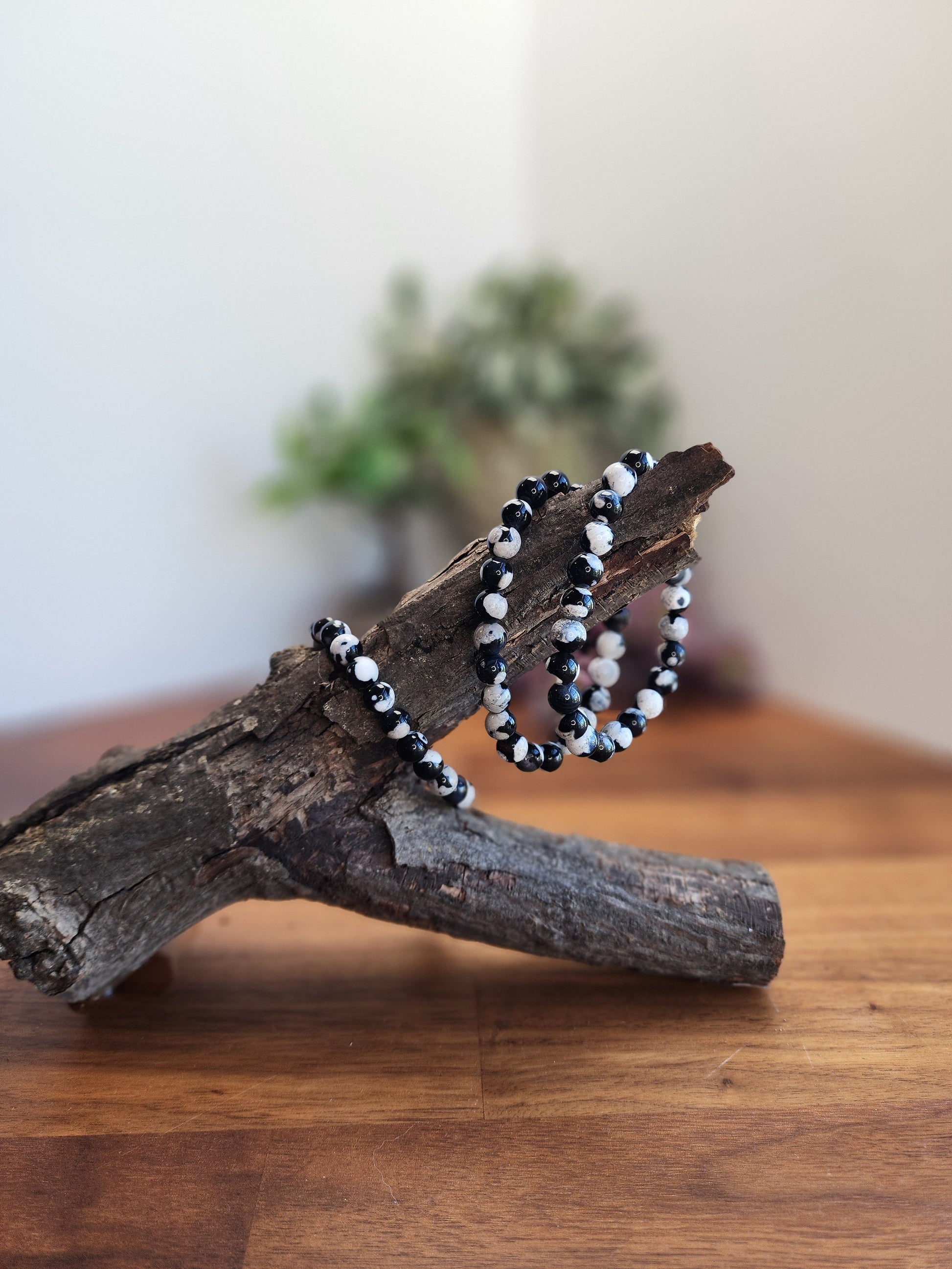 Black Orca Agate Bracelet: 8MM Dark Blue Black Crystal Beads with White Agate Bubbles & Orbs | Some Banding | Great gift ot offer strength