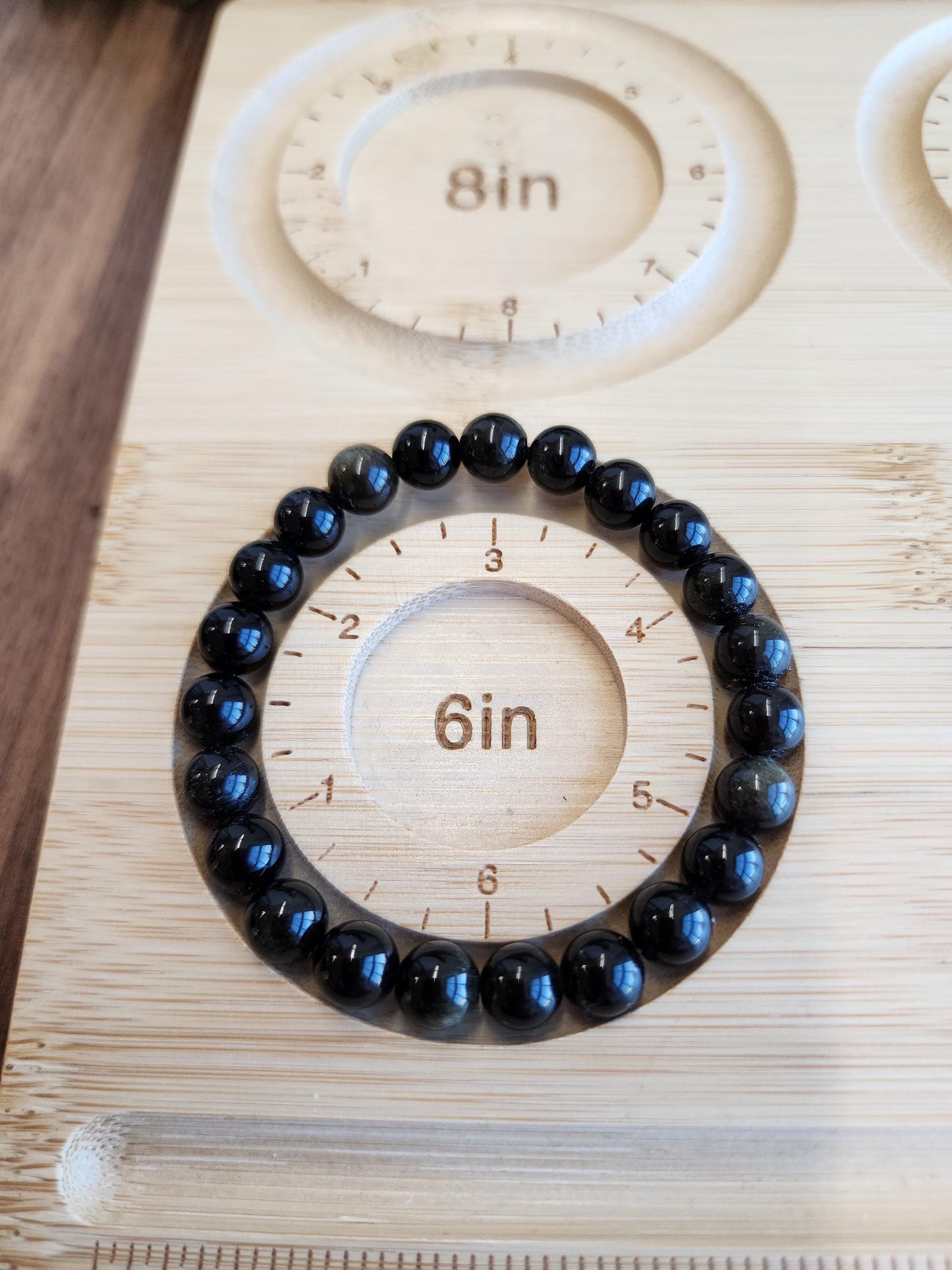 Gold Sheen Obsidian Bracelet: 8MM Natural Black Crystal Beads with Golden Chatoyant Effect