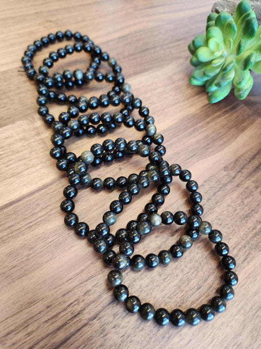 Gold Sheen Obsidian Bracelet: 8MM Natural Black Crystal Beads with Golden Chatoyant Effect