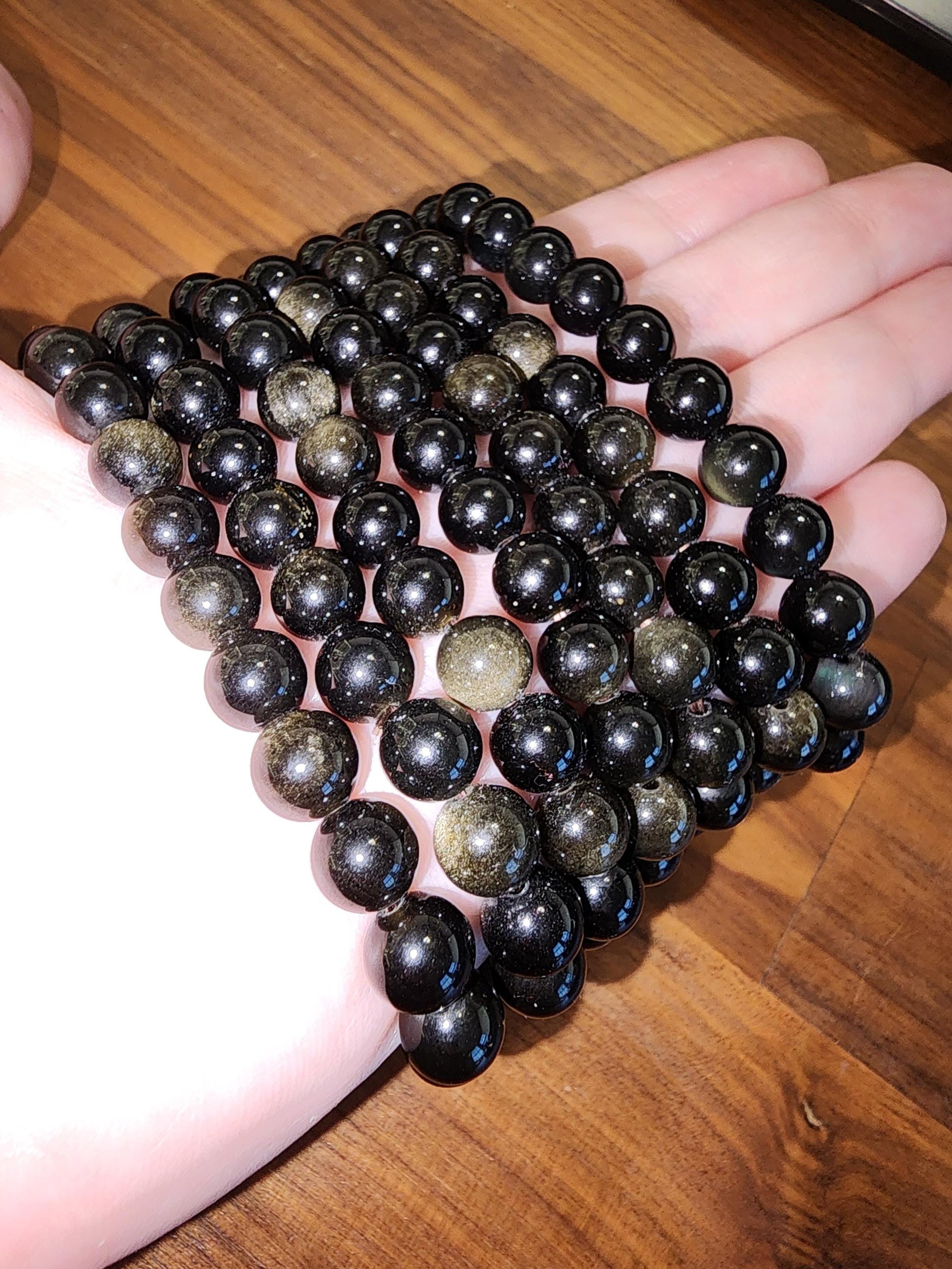 Gold Sheen Obsidian Bracelet: 8MM Natural Black Crystal Beads with Golden Chatoyant Effect